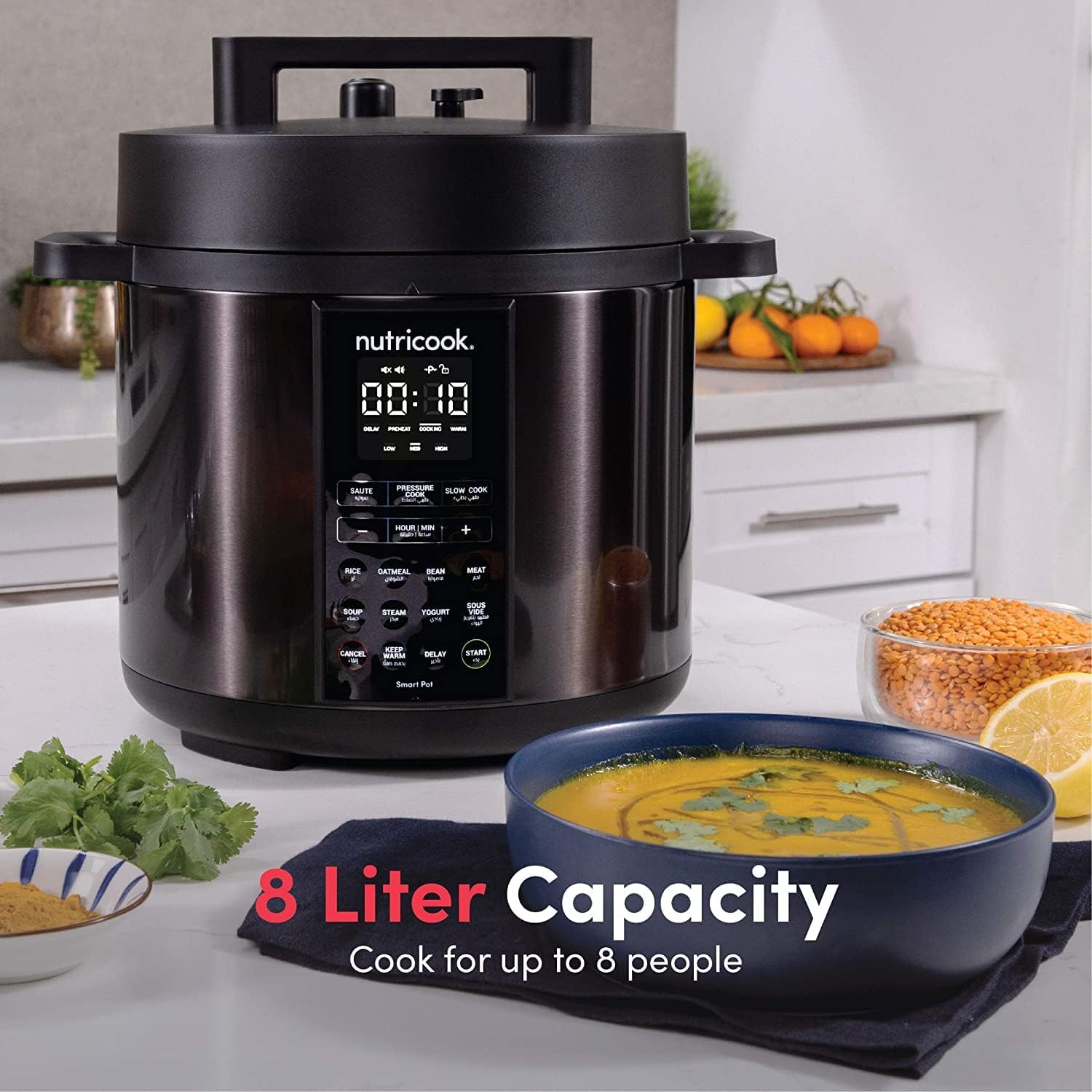 Nutricook Stainless Steel Smart Pot 2 8QT (7.7 Litre),1200W 9-in-1 Instant Programmable Electric Pressure Cooker, Slow Cooker, Rice Cooker, Steamer, Sauté Pot, Sous Vide, Smart Lid, 2-Year Warranty