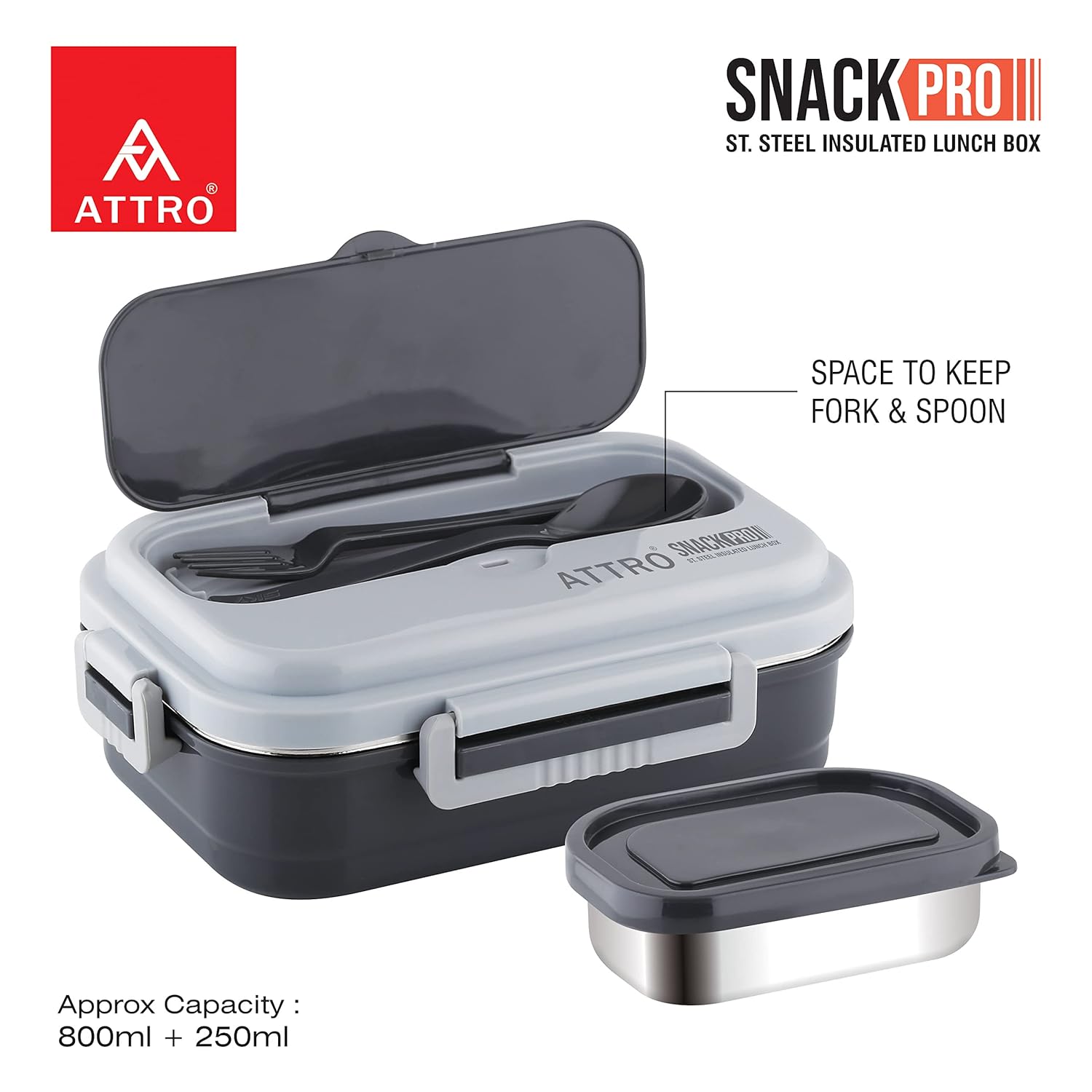 Snackpro Plastic Lunch Box Airtight & Leak Proof Containers with Plastic Fork for Office Use, School, Picnic, 800Ml