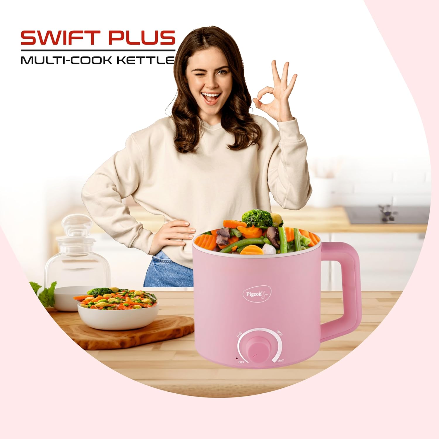 Pigeon Swift Plus Multi-Cook Kettle 1.5L, with Stainless Steel Steamer, Egg Rack - Blue | Double Layered | Food Grade Stainless Steel Inner wall | Glass Lid | Auto Shut-off