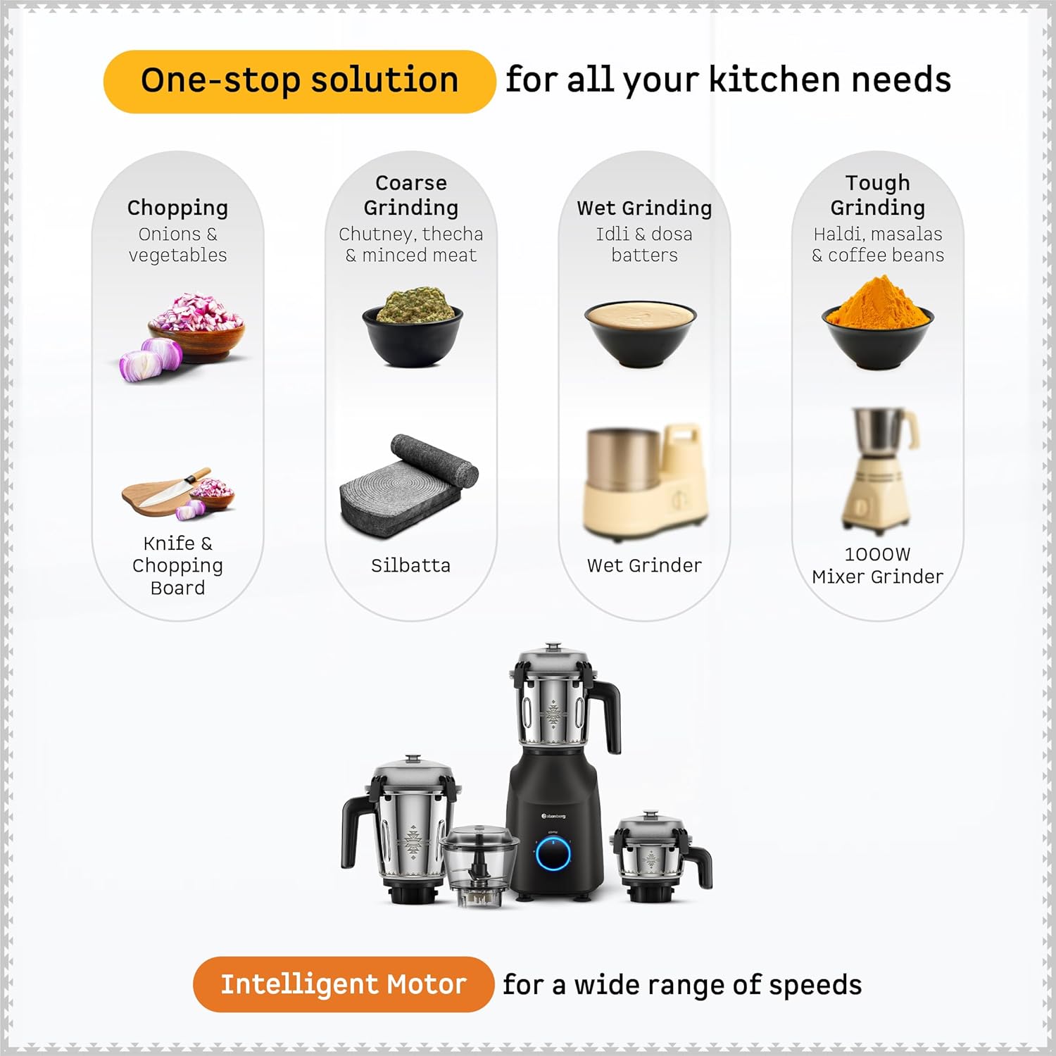 Atomberg Tavi Mixer Grinder | ππππ ππ§π₯π² ππ¨π« ππ & πππ§πππ | Unique Coarse Mode for Silbatta-Like Texture Intelligent 600W Motor | 4 Jars Including Chopper Jar | Matte Black/Sand Grey