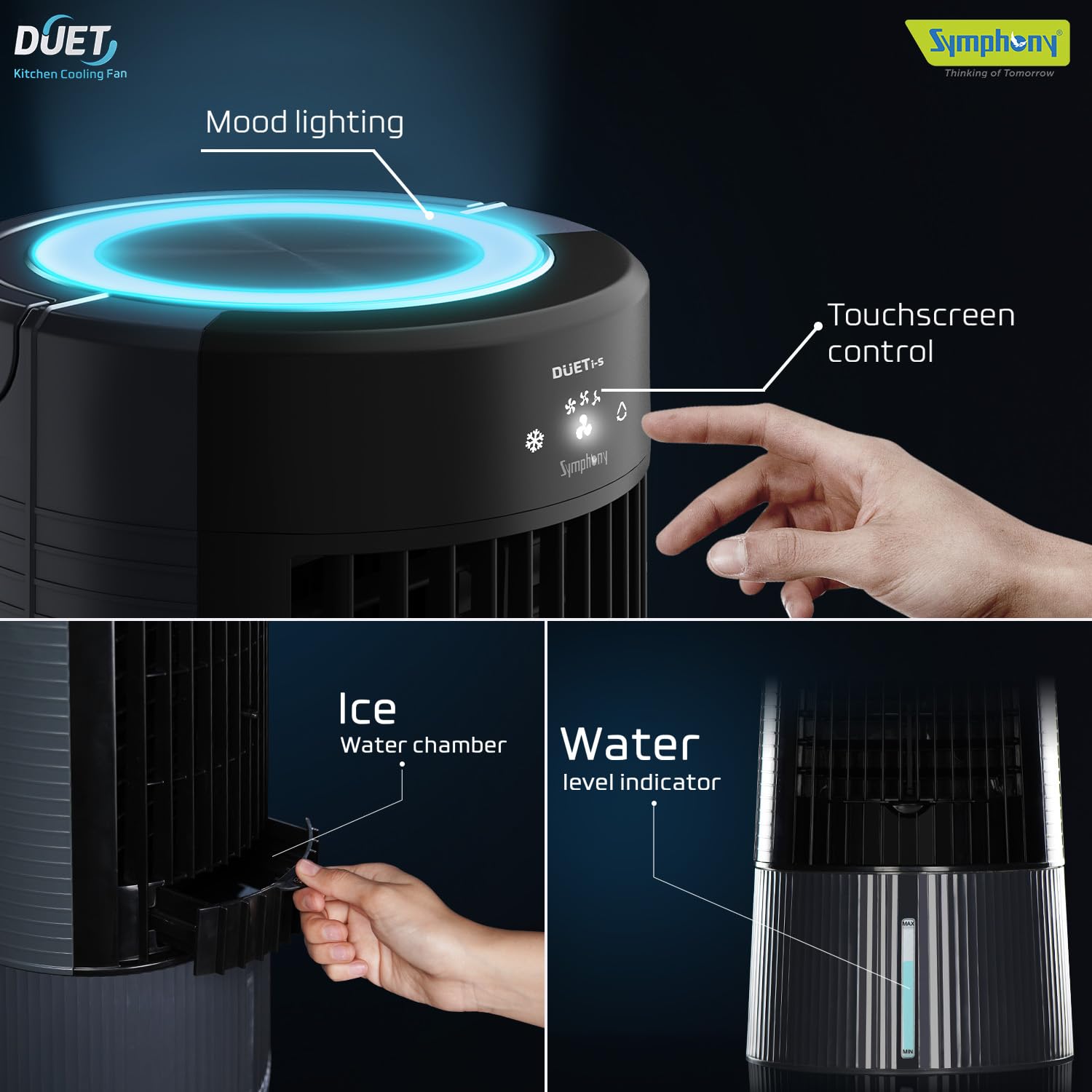 Symphony Duet-i Personal Kitchen Cooling Fan For Home and Office Tabletop with Honeycomb Pad, Powerful Blower, Auto Rotation and Low Power Consumption (6L, Grey)
