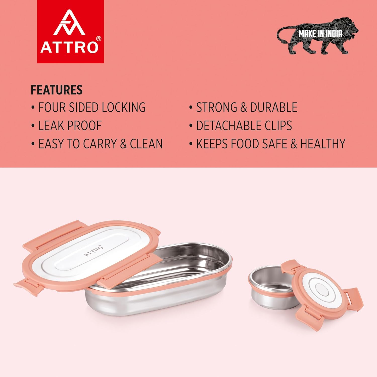Oval Stainless Steel Lunch Box with 1 Small Box Compact Design Airtight Leak Proof Lunch Box for Office, School, Picnic-650Ml+100Ml