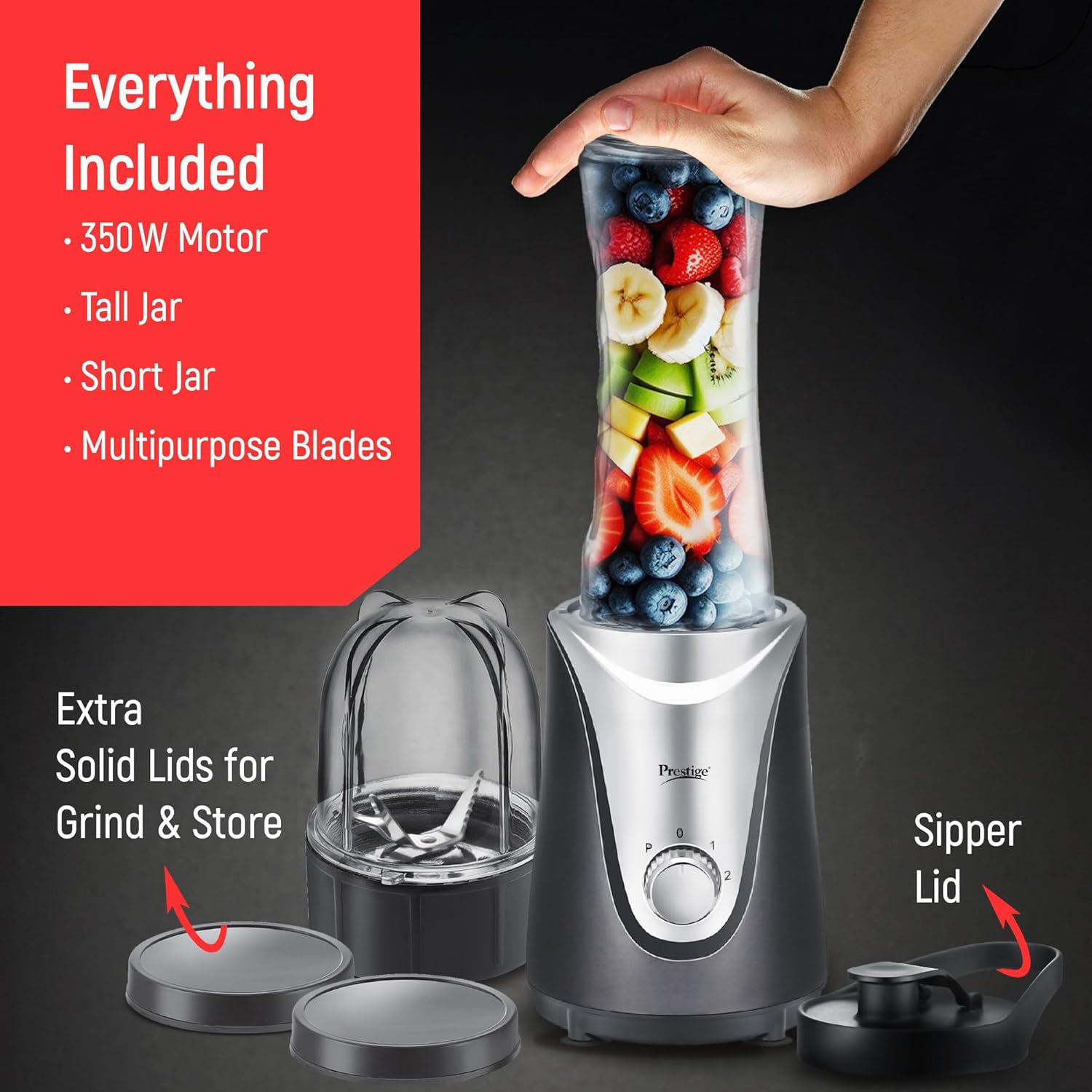 Prestige 350 Watts Nutri-Mix 1.0 Mixer Grinder with 2 Jars|Compact Design| Multipurpose Jars| Overload Protection| Sipper Lids