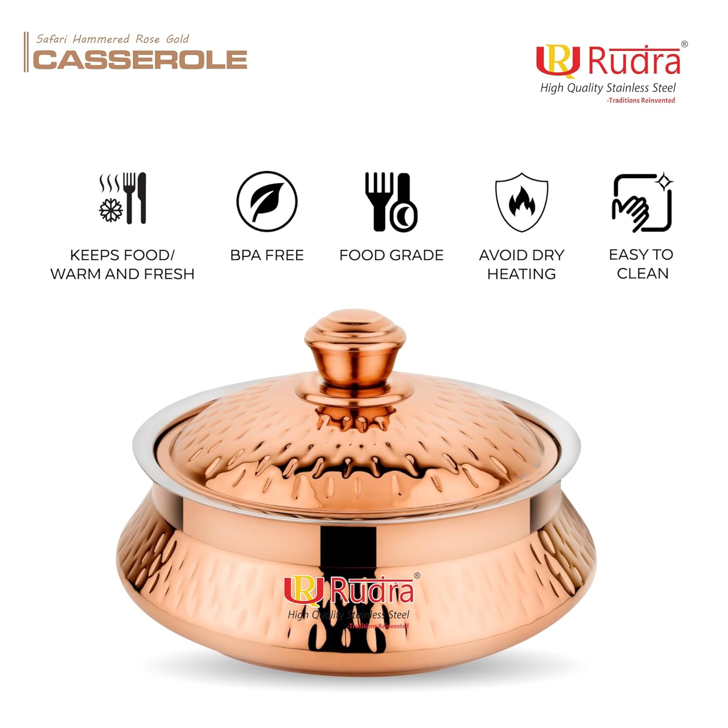 RUDRA Safari Hammered Rose Gold Double Walled Stainless Steel Casserole