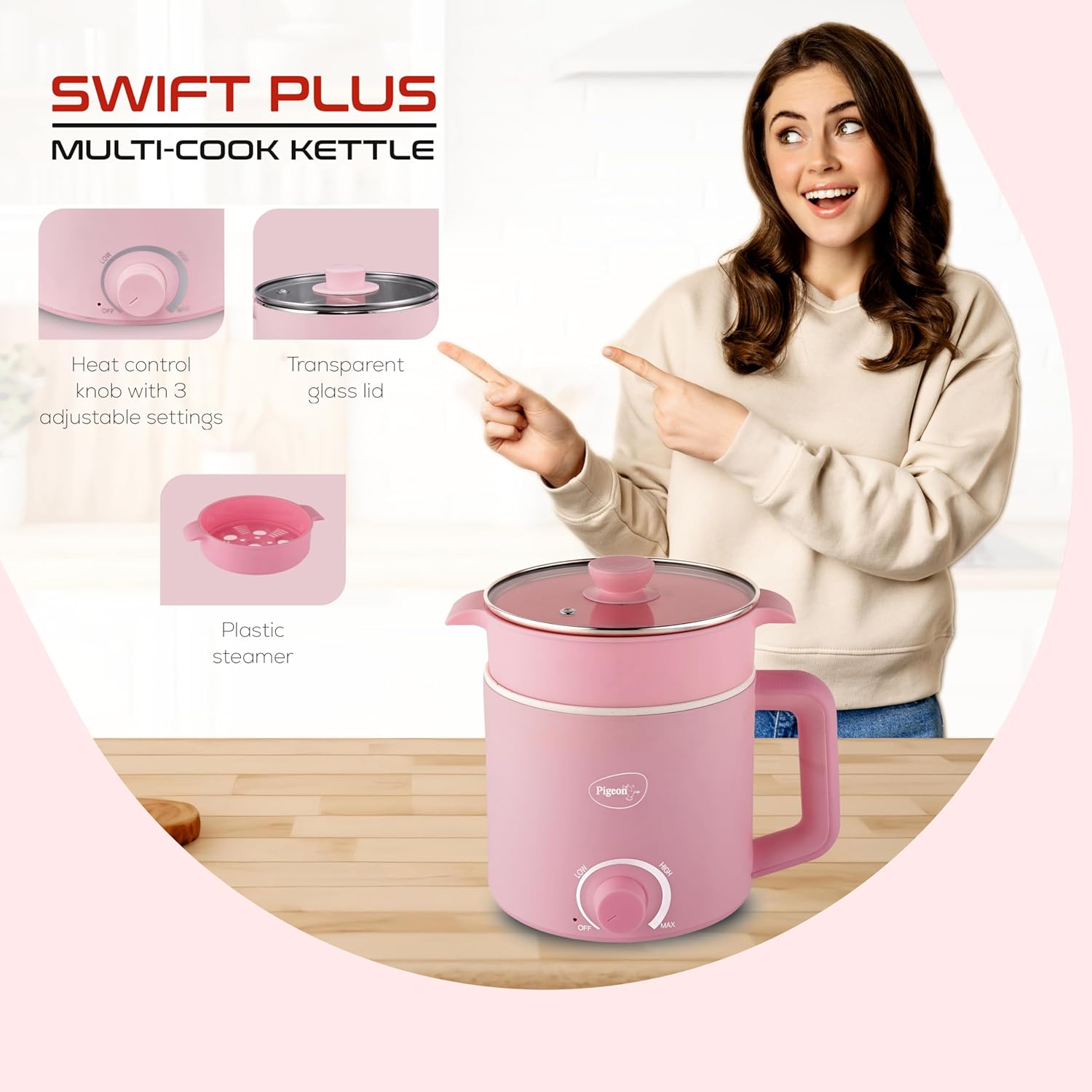 Pigeon Swift Plus Multi-Cook Kettle 1.5L, with Stainless Steel Steamer, Egg Rack - Blue | Double Layered | Food Grade Stainless Steel Inner wall | Glass Lid | Auto Shut-off