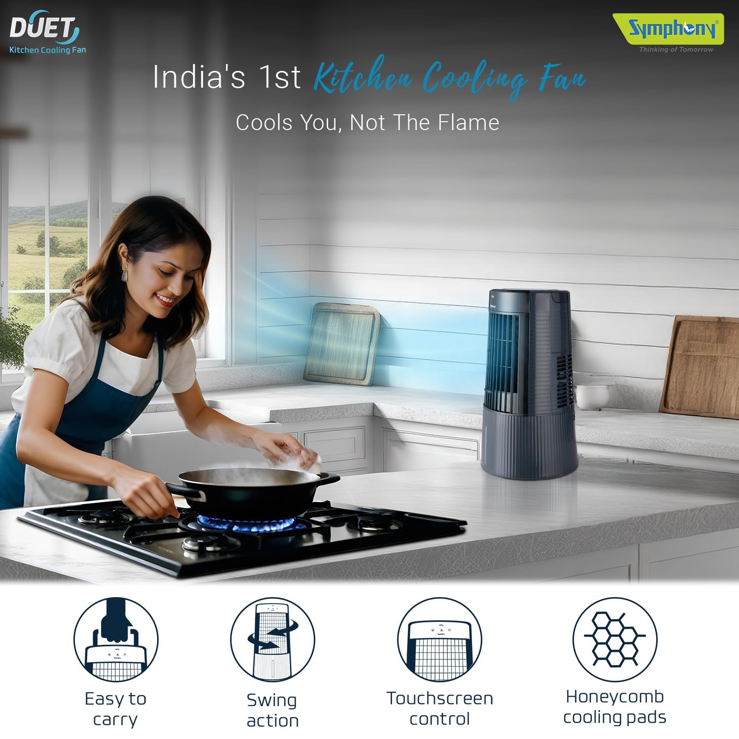 Symphony Duet-i Personal Kitchen Cooling Fan For Home and Office Tabletop with Honeycomb Pad, Powerful Blower, Auto Rotation and Low Power Consumption (6L, Grey)