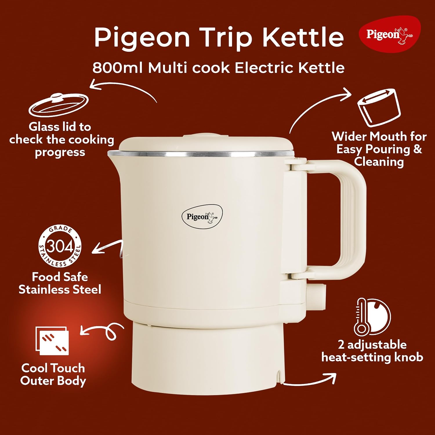 Pigeon Trip Multi-cook Electric Kettle,600 Watts,0.8 Litre, used for Boiling Water, making tea and coffee, instant noodles, soup etc Travel Kettle 