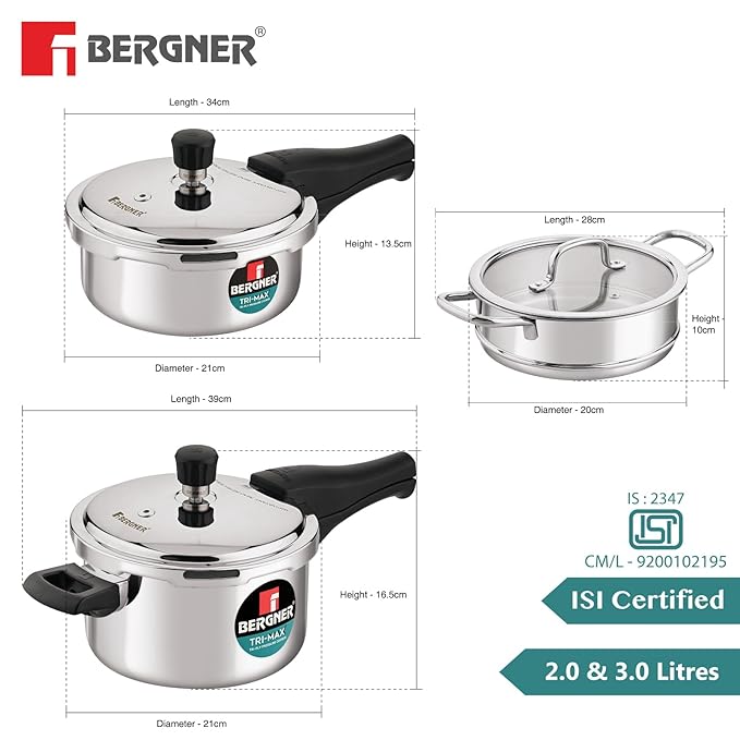 Bergner Tri-Max TriPly Multi Combo of 3L TriPly Pressure Cooker + 2L Pressuer Pan with Common Lid and 18cm Steamer with Flat Glass Lid, Durable, Ergonomic Handle, Induction Bottom and Gas Stove Ready