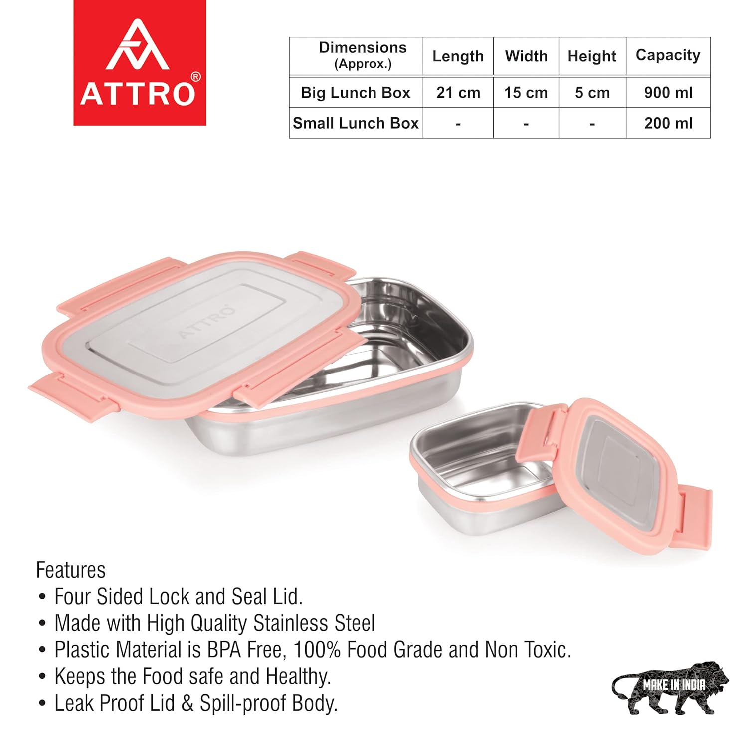 Click Eat Big Stainless Steel Lunch Box with 1 Small Container Airtight & Spill Proof BPA Free Ideal for Office Use, School, Picnic - 900ml+200ml Sky Blue
