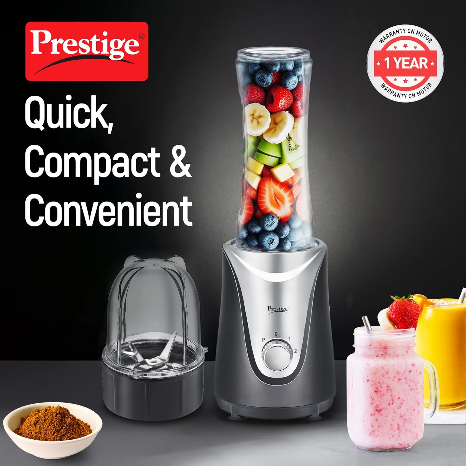 Prestige 350 Watts Nutri-Mix 1.0 Mixer Grinder with 2 Jars|Compact Design| Multipurpose Jars| Overload Protection| Sipper Lids