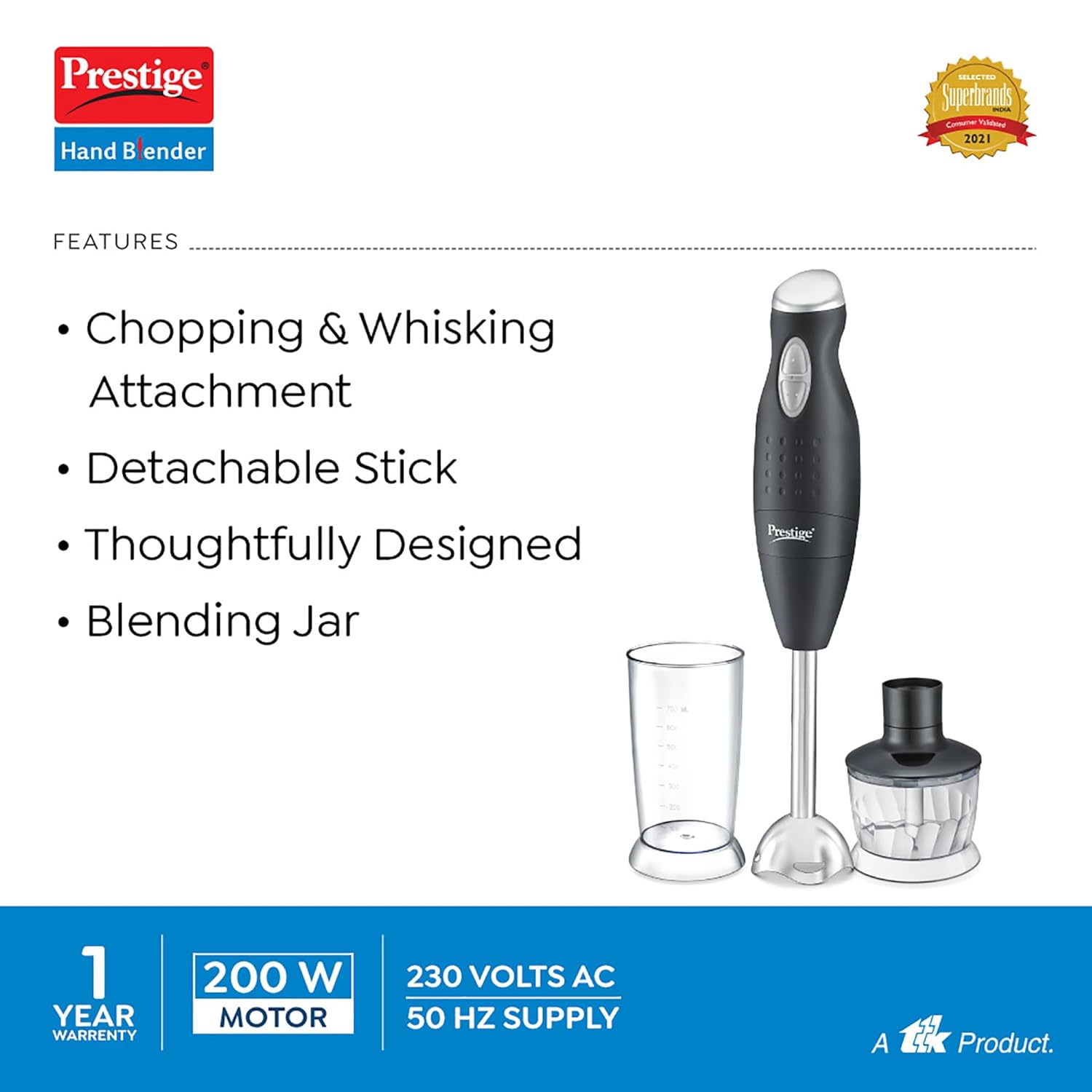 Prestige Phb 6.0 2 Speed Hand Blender with Blending Jar, Chopping, Whisking Attachment, 200 Watts