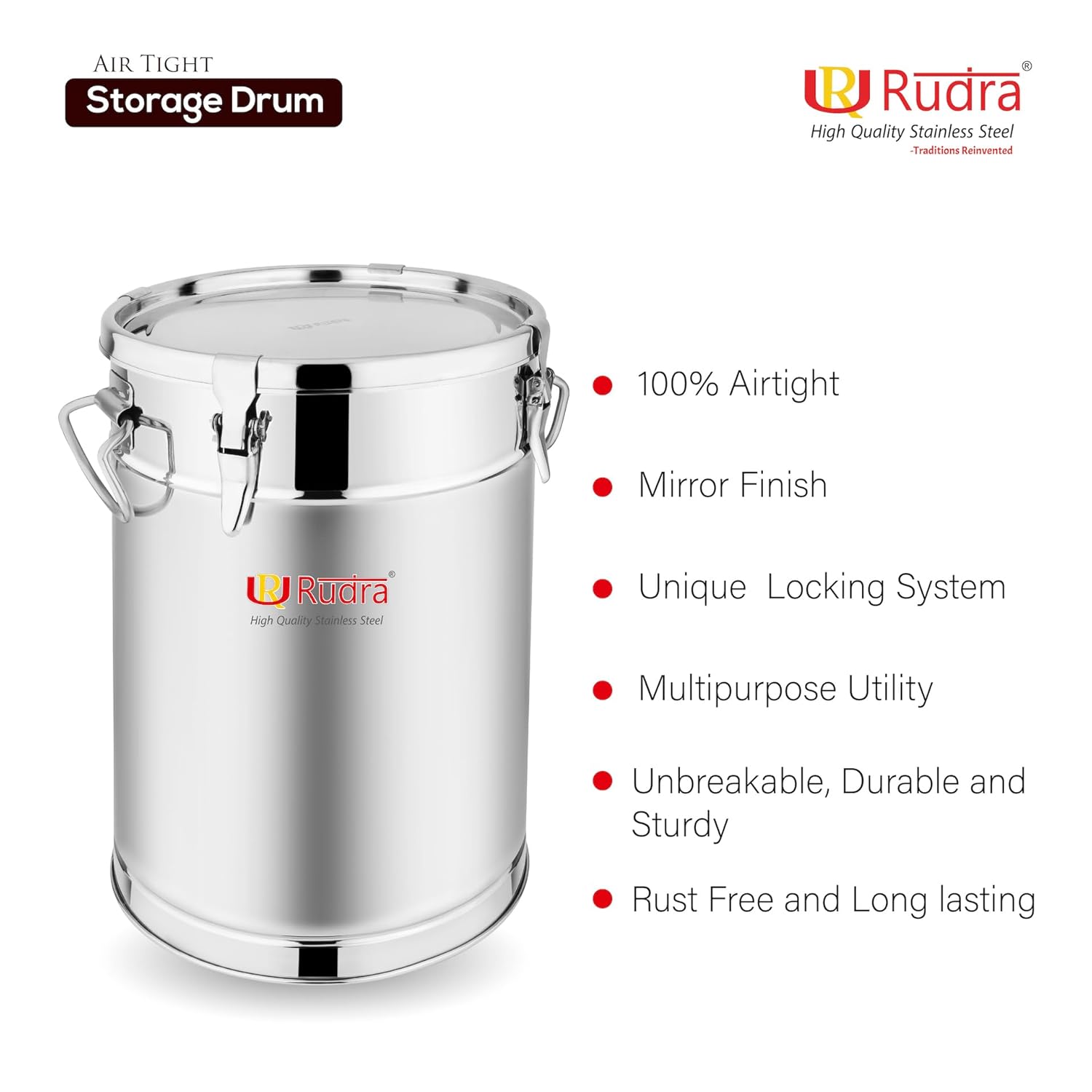 Rudra Stainless Steel Air Tight Container/Drum/Box for Kitchen Storage | Kothi | Rice | Flour Atta Big Dabba With Handle |