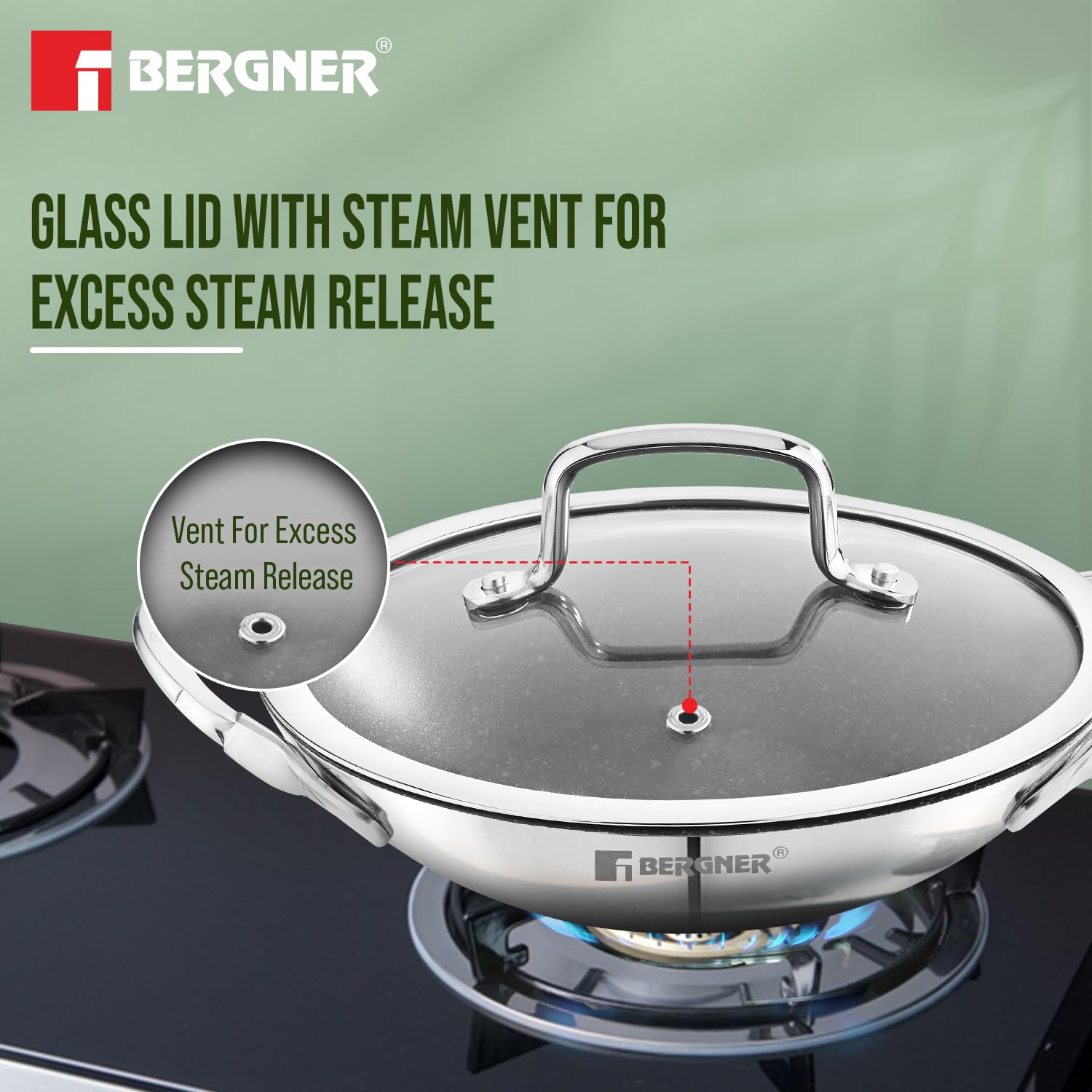 Bergner Argent Samsara Tri-Ply Stainless Steel 21cm Appachetty with Glass Lid, Quantanium Coating Inside, Consumes Less Oil - Gas Stove Compatible