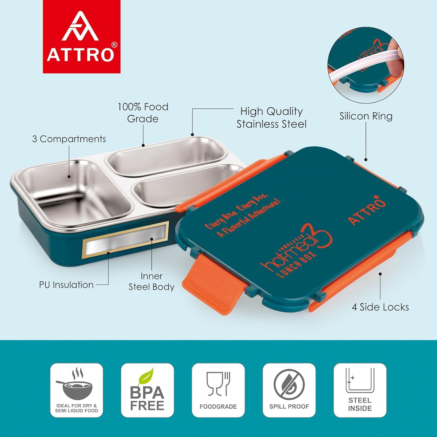 Hot-Meal 3 Insulated Lunch Box with 3 Compartment, Inner Stainless Steel & Locking Lid BPA-Free Food Grade Ideal for School, Office - 900ml