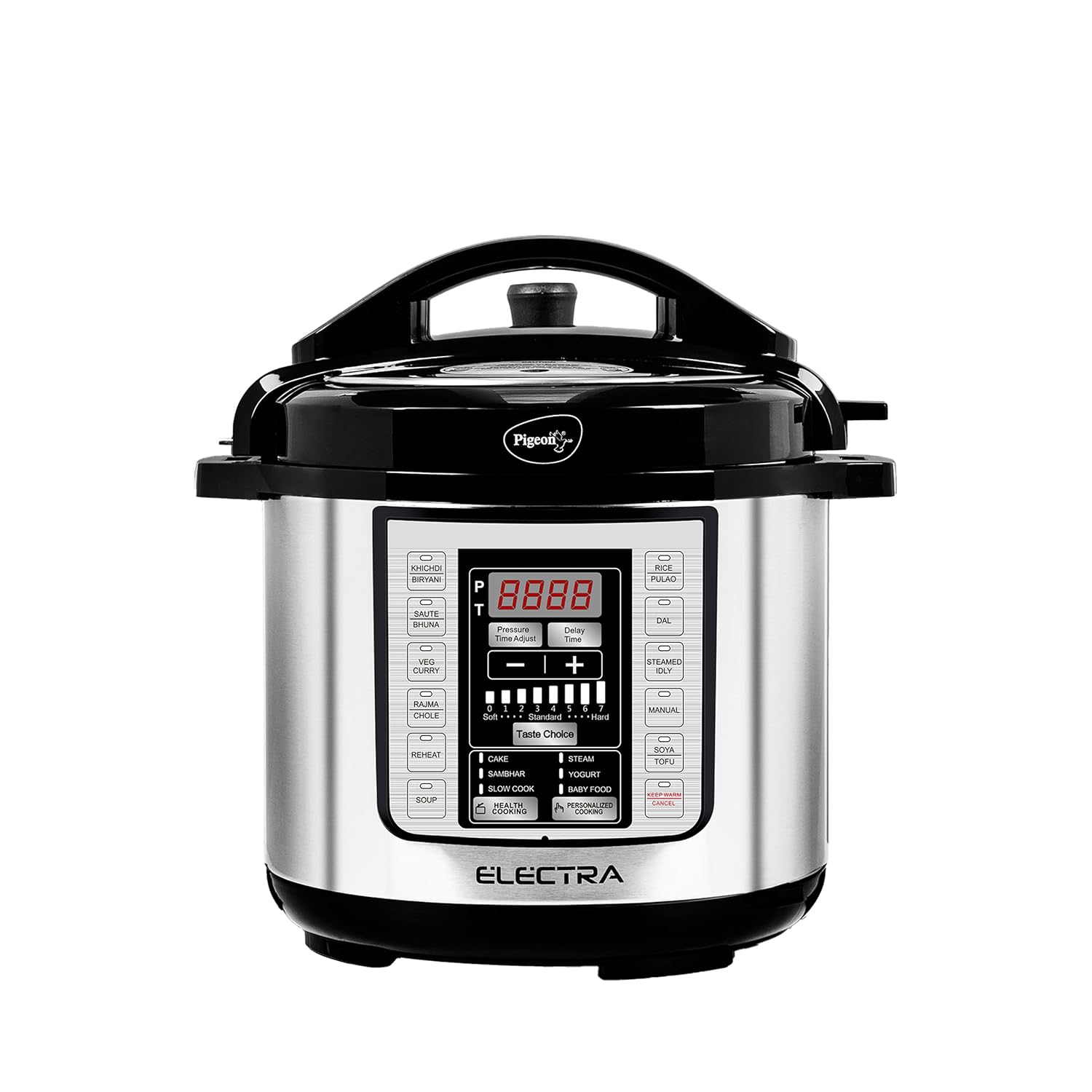 Pigeon Electra Smart Electric Pressure Cooker with Digital Display | 18 Indian Preset Menu | Automatic Rice Cooker | Delay Timer & More (Stainless Steel)