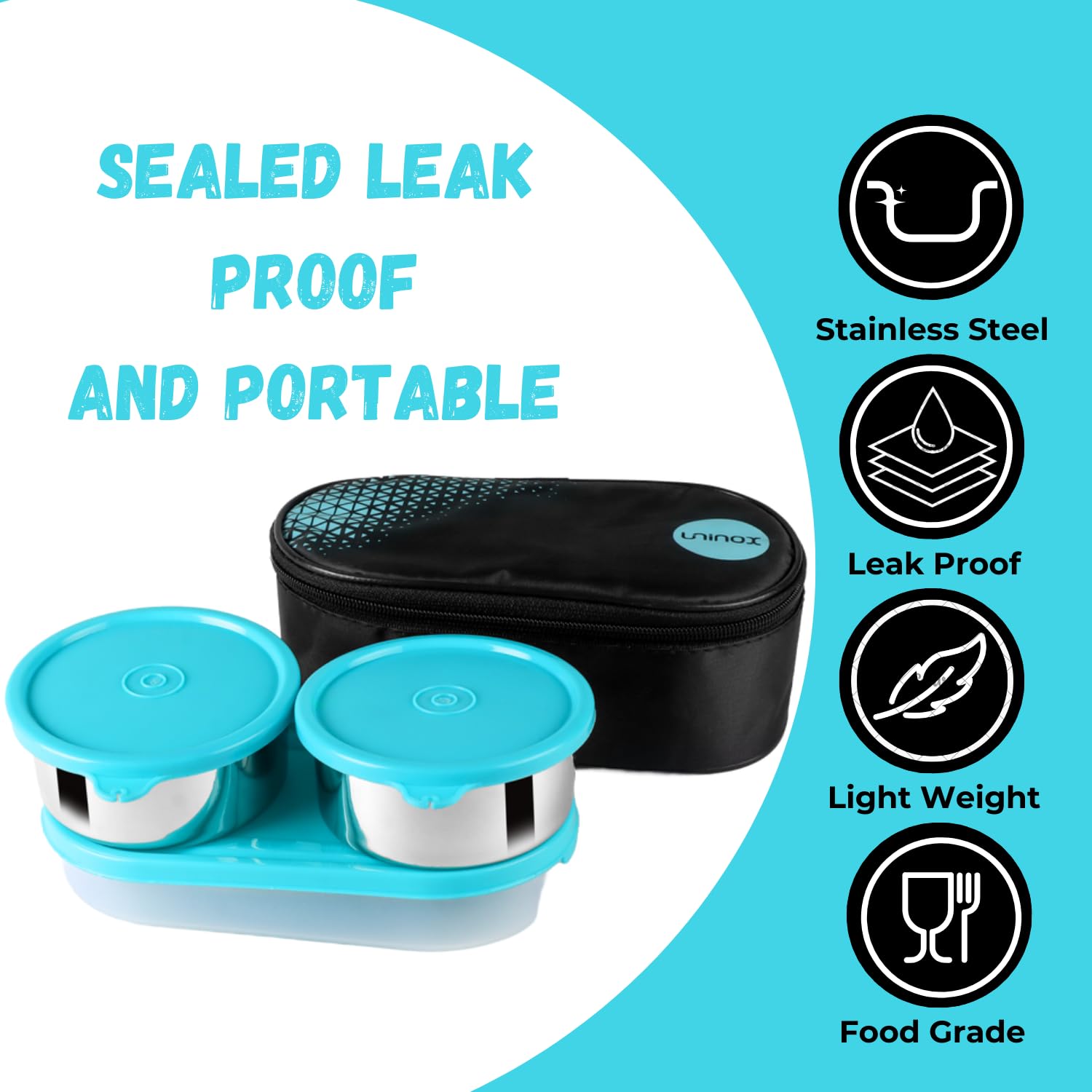 uninox Sabke Liye Stainless Steel Lunch Box with 2 Leak-Proof Containers, 1 Plastic Chapati Tray & Fabric Carry Bag | Office, School & Travel Tiffin | BPA-Free & Durable | Multipurpose | Blue