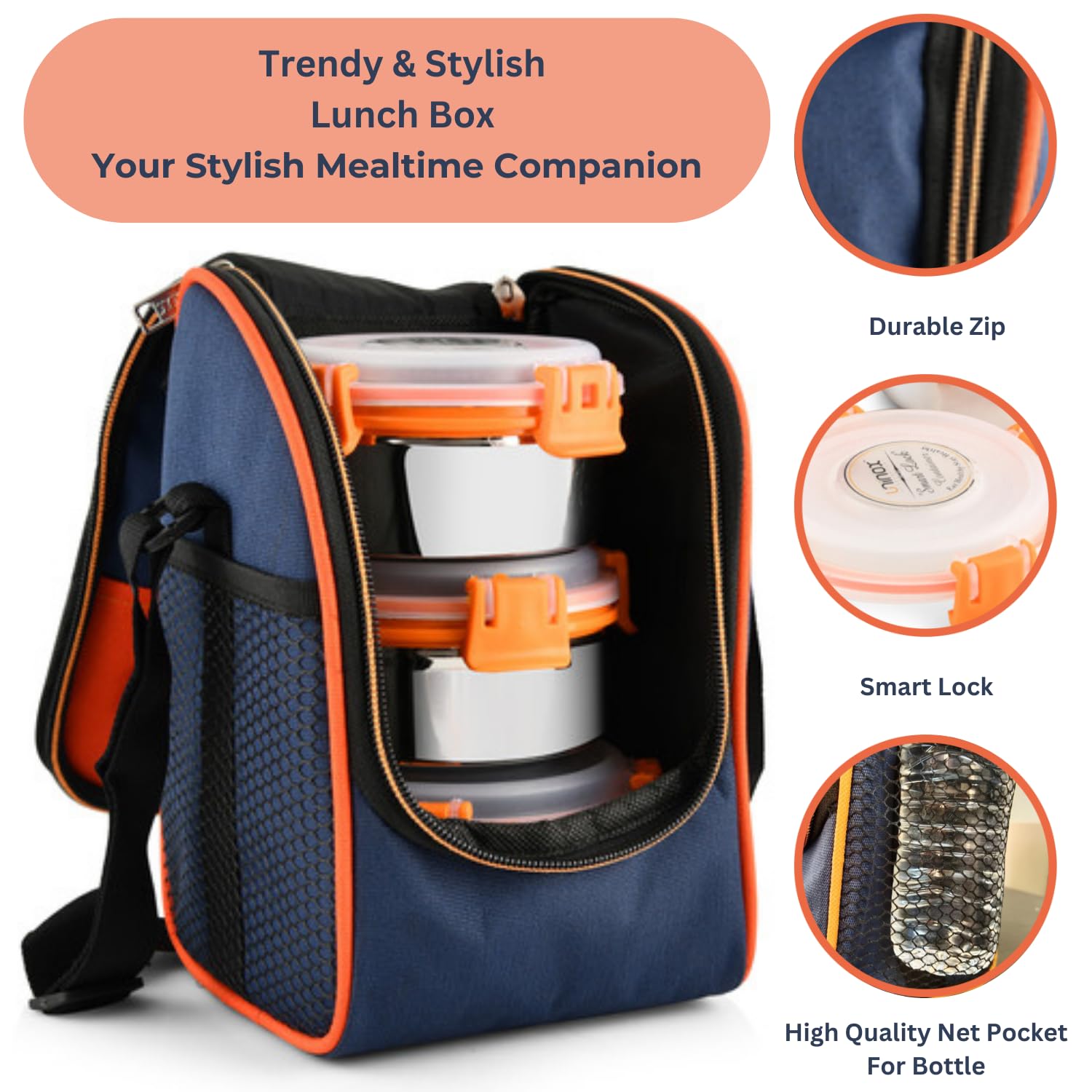 uninox Trendy Stainless Steel Lunch Box Set of 3 Pcs (300ml, 300ml, 450ml) with 1 Steel Spoon for Office, Picnic, Student | BPA Free | Orange | Leak Proof | Hot Food