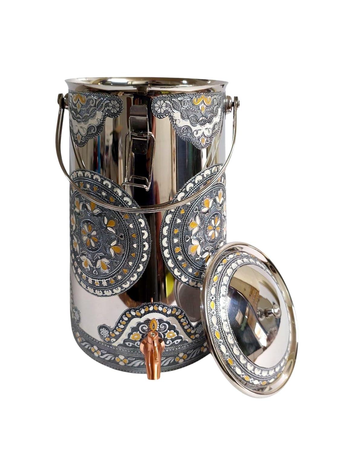 Meenakari Stainless Steel Matka with Tap Stainless Steel Water Dispenser 10 Litre Pot Water Container with Tap - Vertical