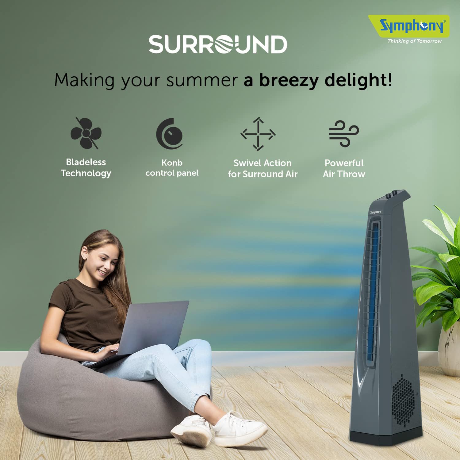 Symphony Surround High Speed Bladeless Technology Tower Fan for Home With Swivel Action, Dust Filter, and Low Power Consumption