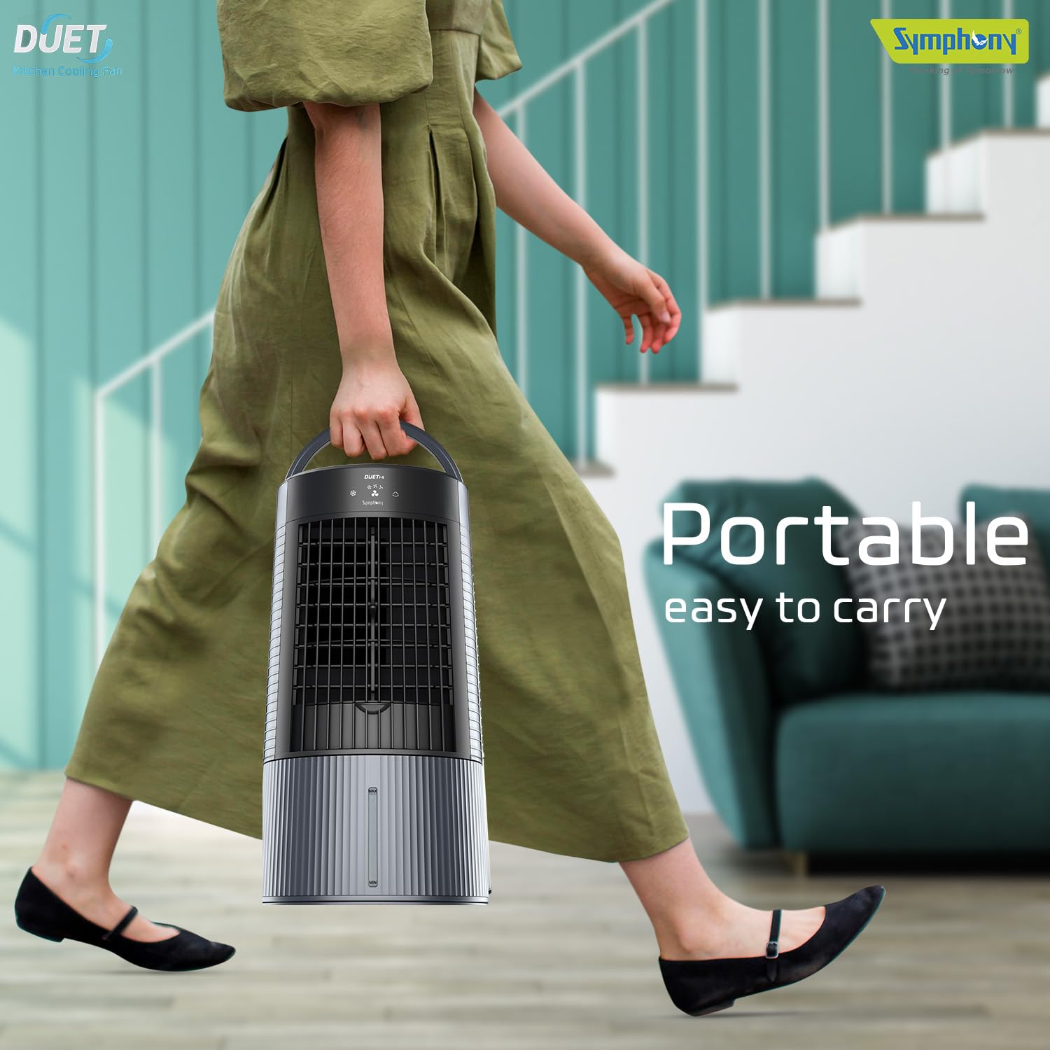 Symphony Duet-i Personal Kitchen Cooling Fan For Home and Office Tabletop with Honeycomb Pad, Powerful Blower, Auto Rotation and Low Power Consumption (6L, Grey)