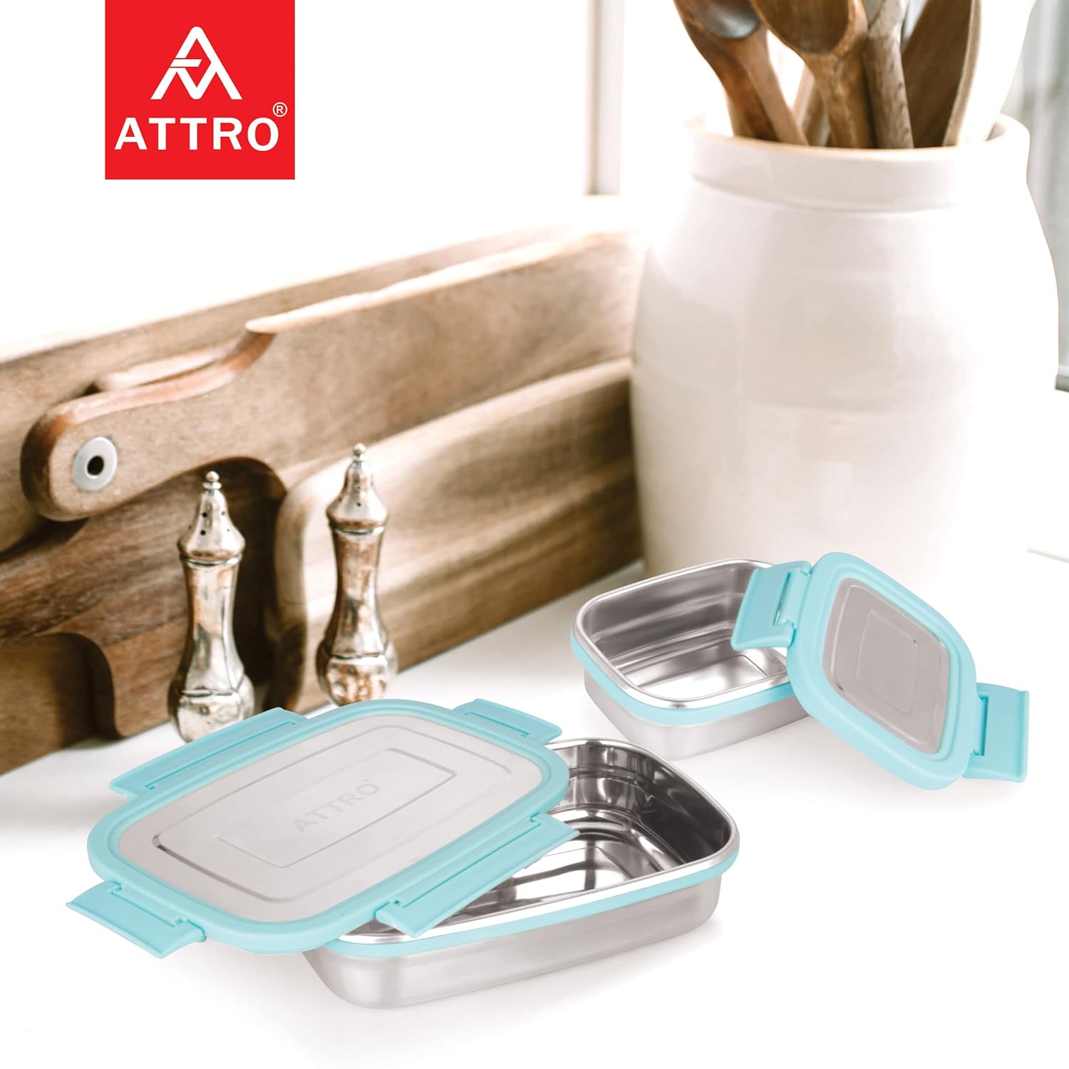 Click Eat Big Stainless Steel Lunch Box with 1 Small Container Airtight & Spill Proof BPA Free Ideal for Office Use, School, Picnic - 900ml+200ml Sky Blue