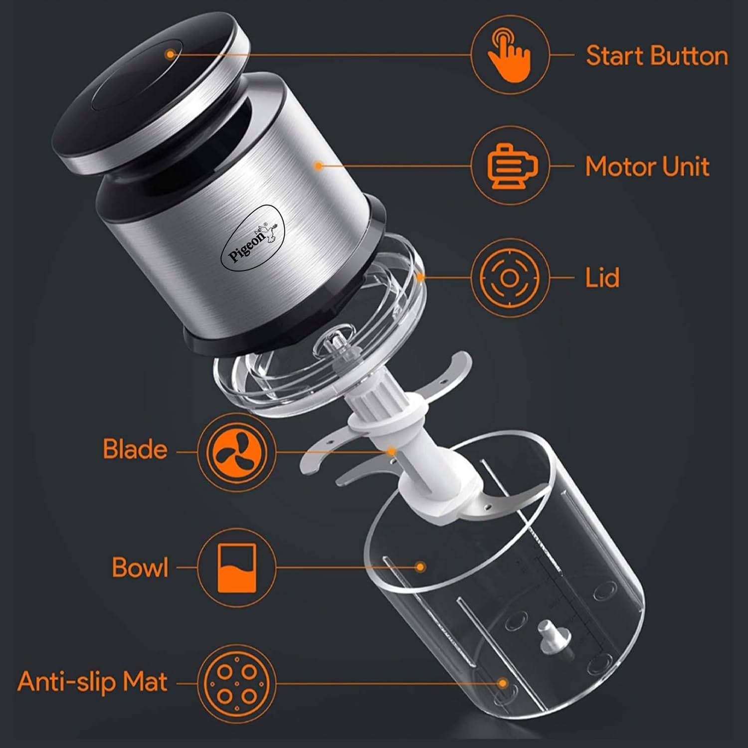 Pigeon Ultra Fast Electric 300 Watts Electric Chopper For Kitchen, Twin Blade Technology, 600 Ml 'Chop-N-Store' Plastic Bowl With Lid, Vegetable Chopper, Cutter, Chop, Mince, Dice, Whisk, Blend