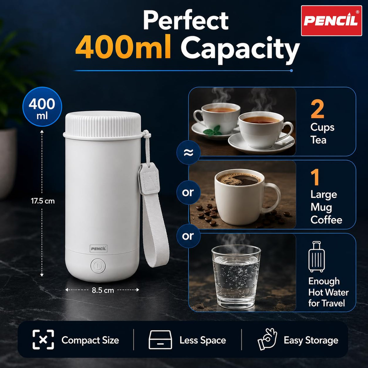 Pencil Travel Electric Kettle Portable Stainless Steel Water Boiler with Fast Heating for Tea, Coffee & Hot Water