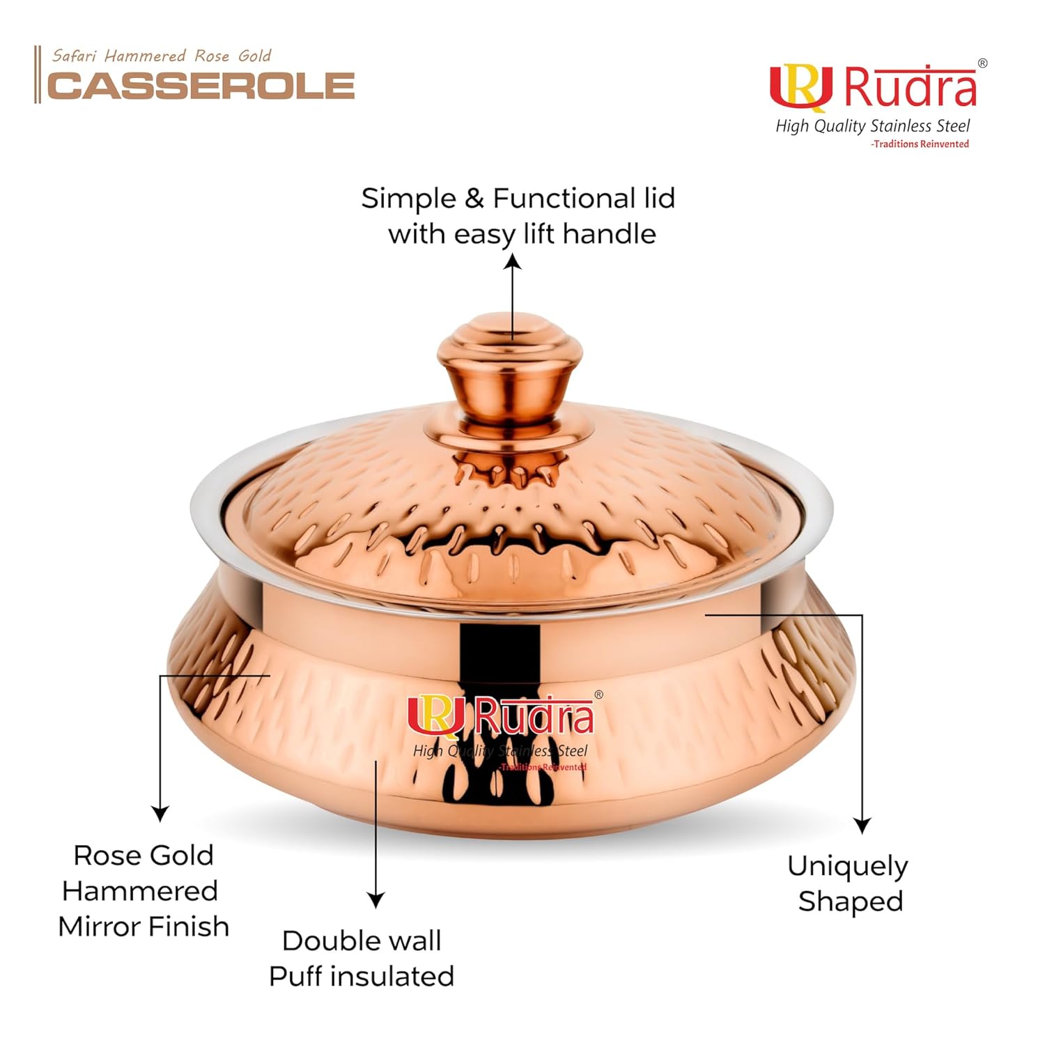 RUDRA Safari Hammered Rose Gold Double Walled Stainless Steel Casserole