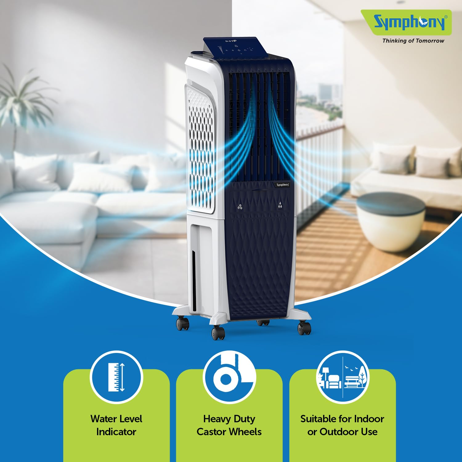 Symphony Diet 3D 30B Tower Air Cooler | BLDC Technology | Honeycomb Cooling Pad | Touchscreen Pop-Up Control Panel | Magnetic Remote + Sleep Mode | 1-Year Warranty