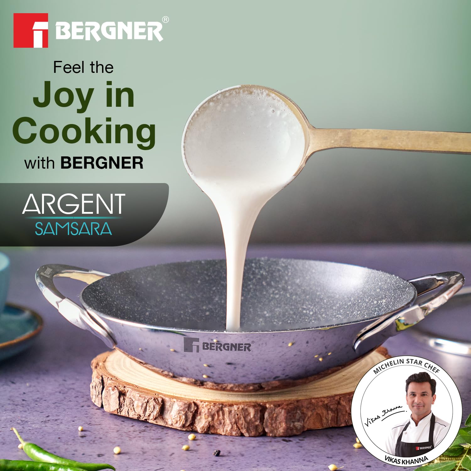 Bergner Argent Samsara Tri-Ply Stainless Steel 21cm Appachetty with Glass Lid, Quantanium Coating Inside, Consumes Less Oil - Gas Stove Compatible