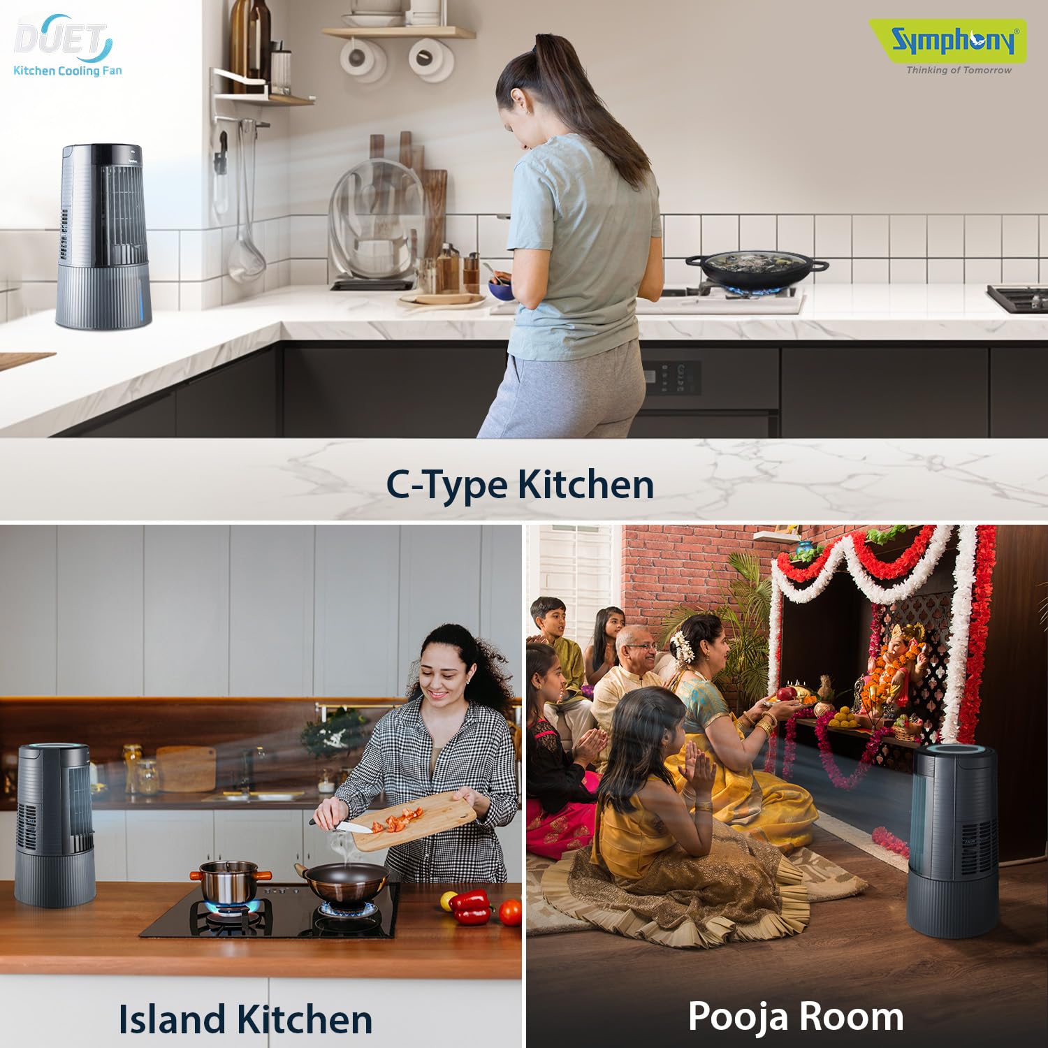 Symphony Duet-i Personal Kitchen Cooling Fan For Home and Office Tabletop with Honeycomb Pad, Powerful Blower, Auto Rotation and Low Power Consumption (6L, Grey)