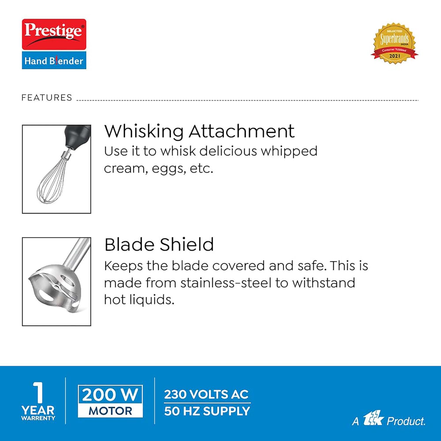 Prestige Phb 6.0 2 Speed Hand Blender with Blending Jar, Chopping, Whisking Attachment, 200 Watts