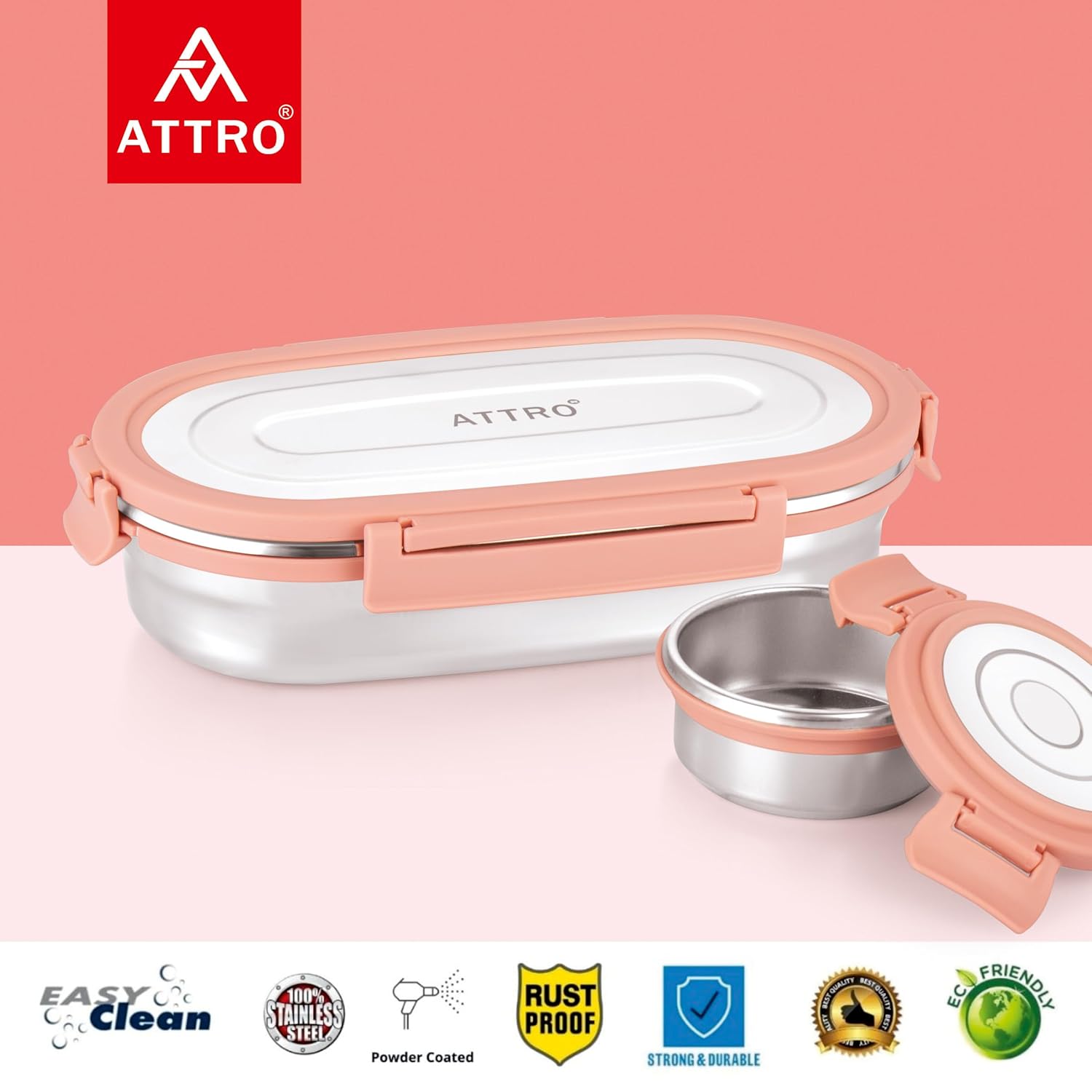 Oval Stainless Steel Lunch Box with 1 Small Box Compact Design Airtight Leak Proof Lunch Box for Office, School, Picnic-650Ml+100Ml