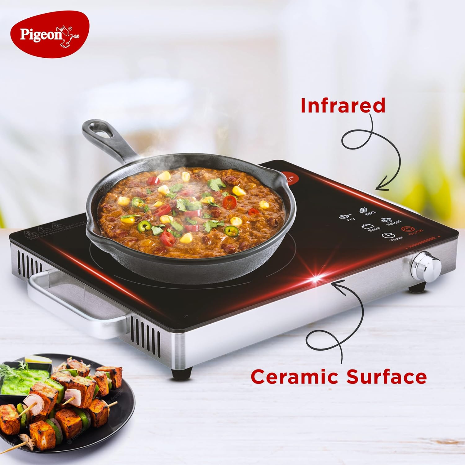 Pigeon Radiant Infrared Cooktop 2200 Watt, Compatable for all cooking utensils, Black, Medium