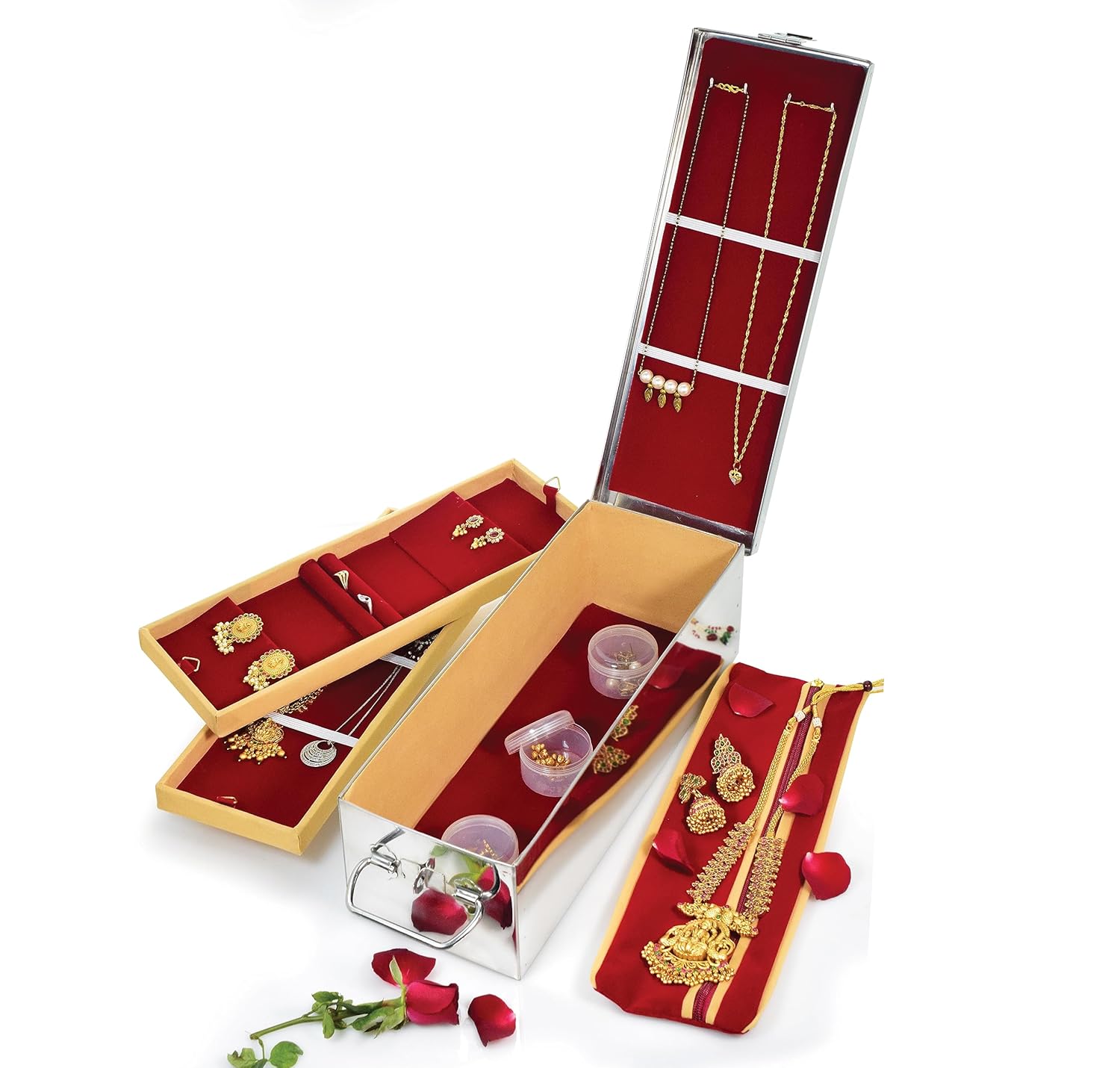 LIME Stainless Steel Large Traditional Jewellery Box for Locker Comes with 2 Velvet Trays,3 Fixed Plastic Boxes for Small Ornaments & Bangles,1 Velvet Pouch for Organizing & Safeguarding Jewellery