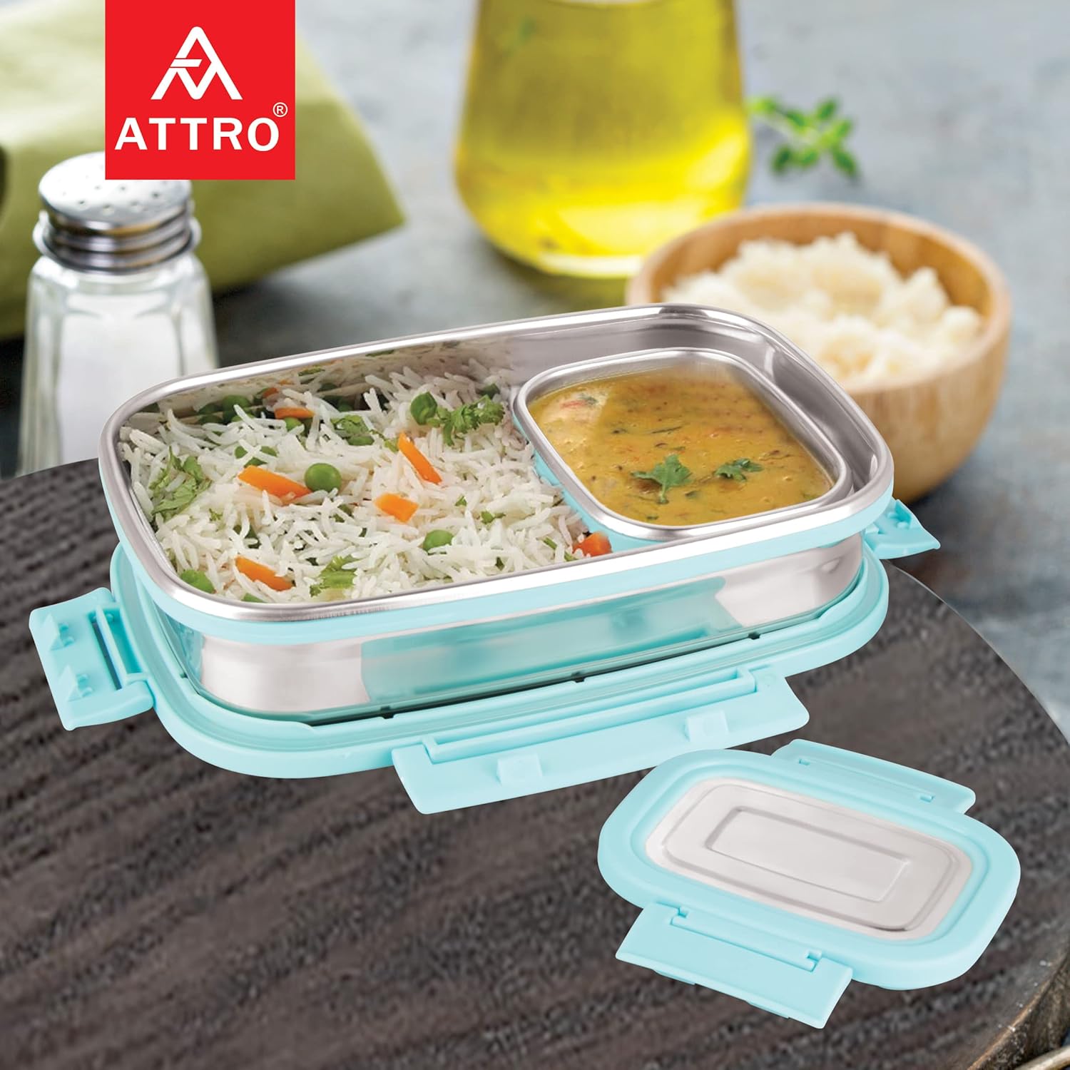Click Eat Big Stainless Steel Lunch Box with 1 Small Container Airtight & Spill Proof BPA Free Ideal for Office Use, School, Picnic - 900ml+200ml Sky Blue