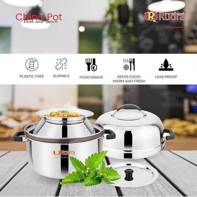 RUDRA Stainless Steel China Pot Cook and Serve, Thermal Rice Cooker