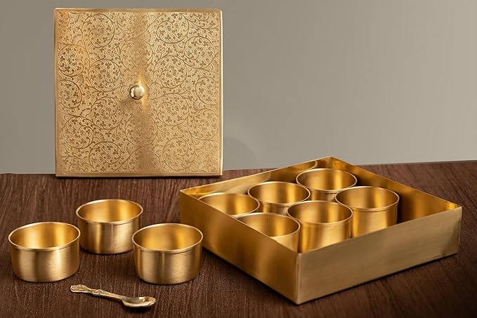 LIME Brass Masala Dani (Spice Box) square handcrafted Floral Design