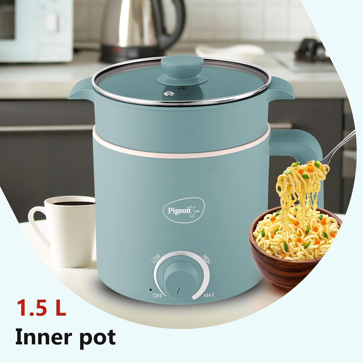 Pigeon Swift Plus Multi-Cook Kettle 1.5L, with Stainless Steel Steamer, Egg Rack - Blue | Double Layered | Food Grade Stainless Steel Inner wall | Glass Lid | Auto Shut-off