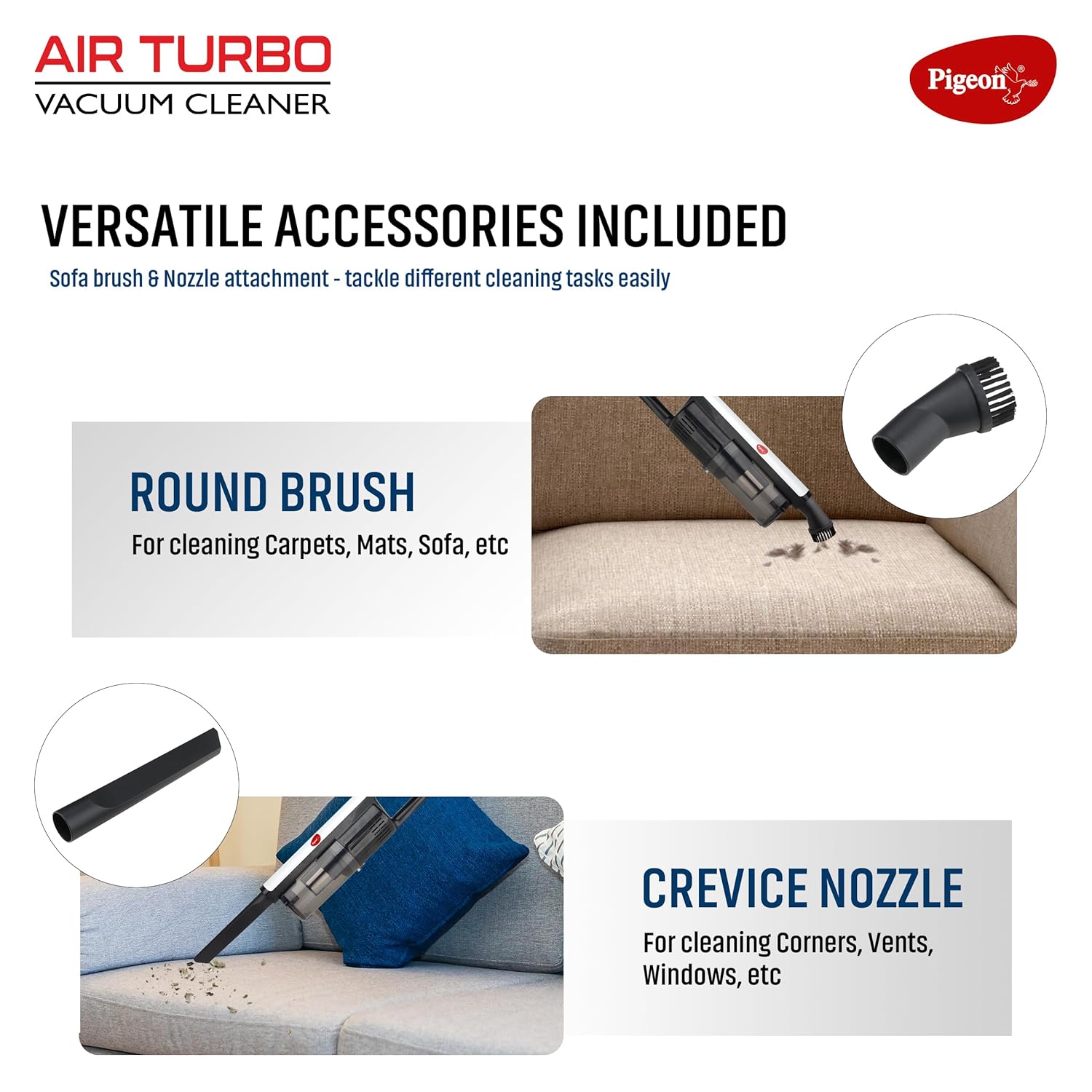 Pigeon by Stovekraft Airturbo Handheld Dry Vacuum Cleaner for Home & Car | HEPA+STEELMESH FFT Technology FILTER | 18 kPa Suction power | 600W | Low Noise| 2 Accessories Nozzle & Brush | 4.5M Long Wire