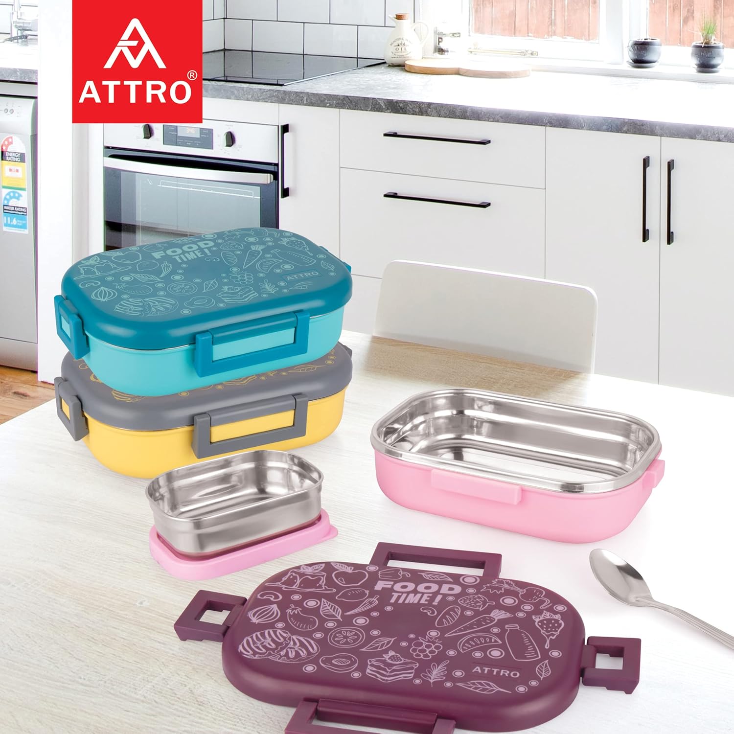 Food Time Stainless Steel Lunch Box, Airtight & Leak Proof - 2 Containers with Spoon (Big 750 Ml & Small 250 Ml) for Office Use, School, Picnic