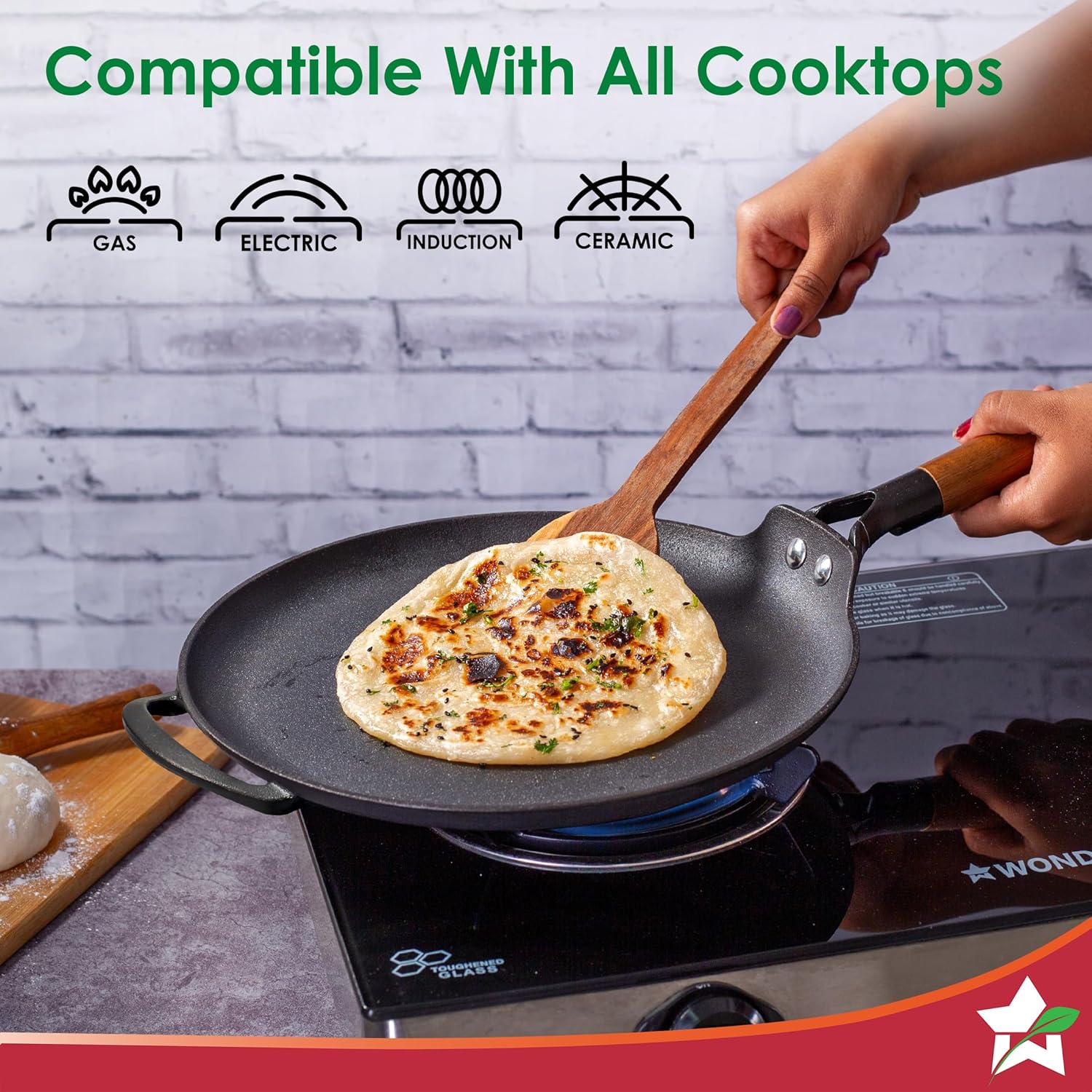 Ferro Light-Weight Cast-Iron Dosa Tawa | Pre-Seasoned with 100% Vegetable Oil | 40% Lighter Than Regular Cast-Iron Cookware | Cool-Touch Real Acacia Wood Handles | 10-Year Warranty