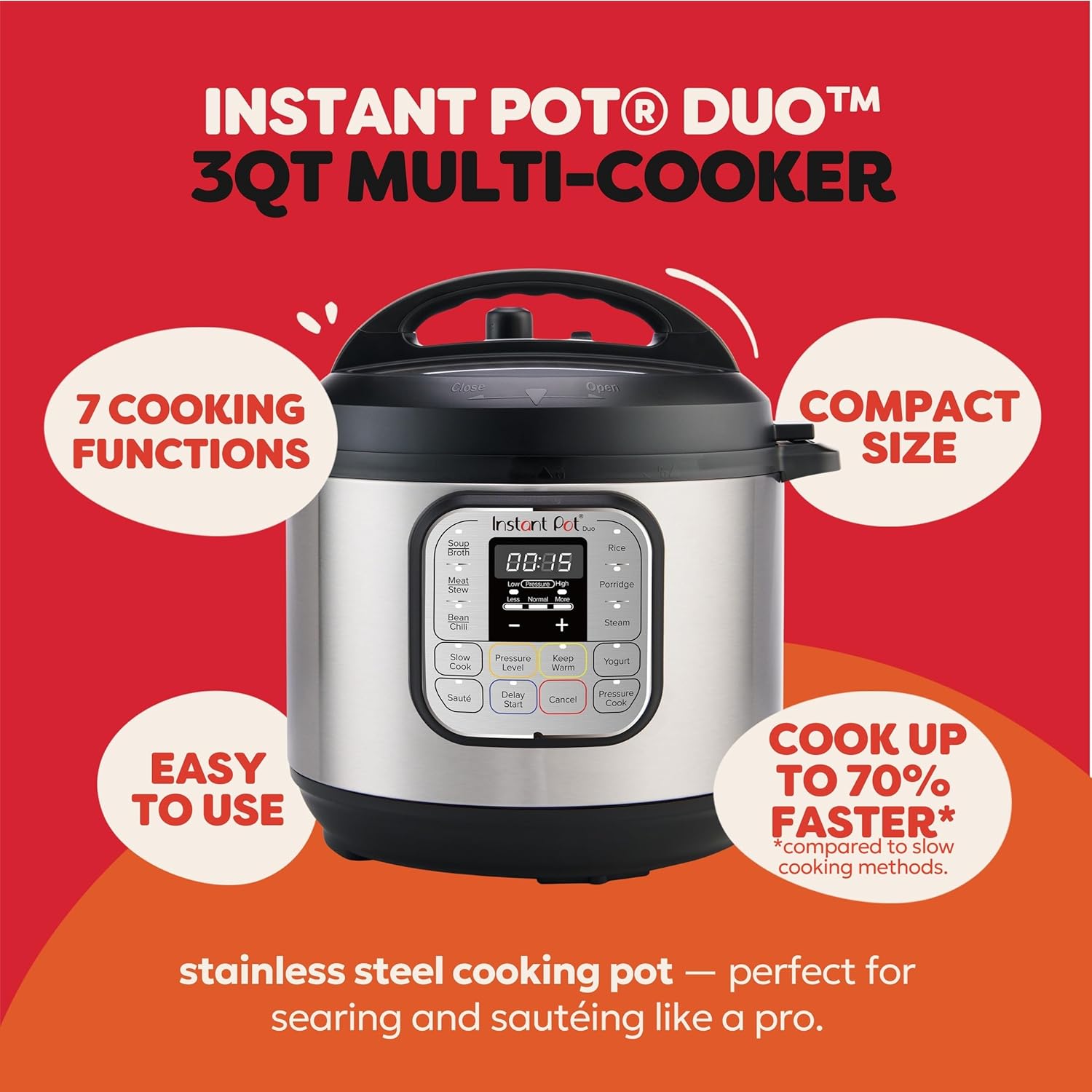 Instant Pot Duo 3QT (2.8L) And 6QT (5.7L) 7-in-1 Electric Pressure Cooker, Multi Pot, SS304 Stainless Steel Inner Pot, Slow Cook, Rice Cooker, Steamer, Sauté, Yogurt Maker & Keep Warm, 11 Customizable programs, 230V