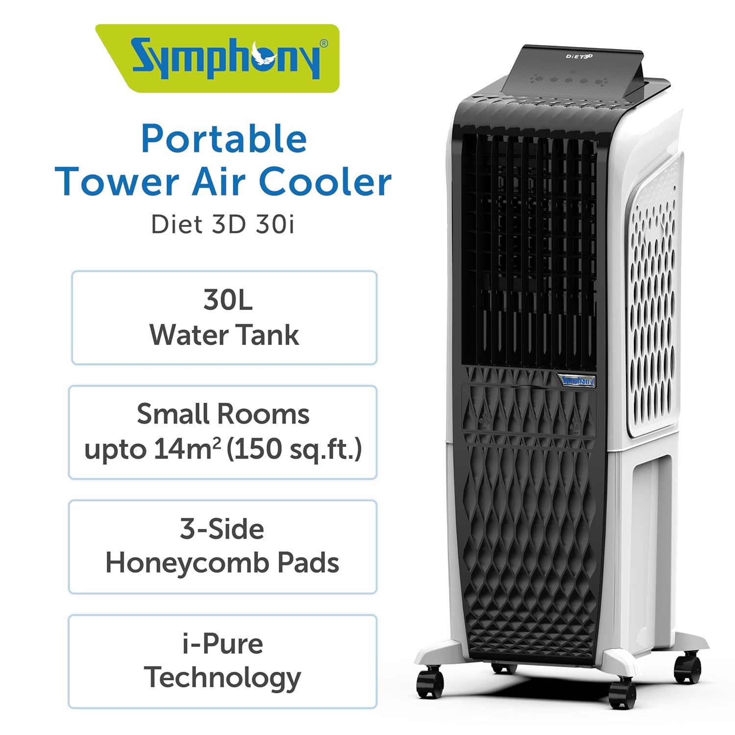 Symphony Diet 3D 30i Portable Tower Air Cooler For Home with 3-Side Honeycomb Pads i-Pure Technology and Low Power Consumption (30L, White & Black)