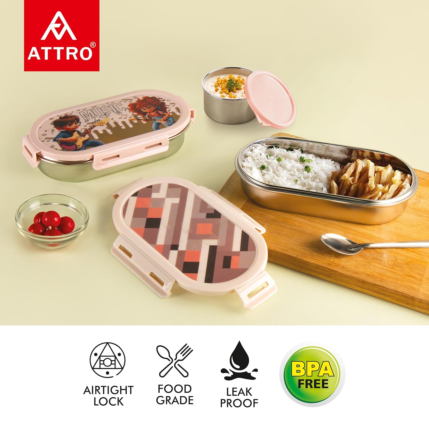 Pluto Stainless Steel Lunch Box with 1 Small Container Airtight Leak-Proof Food Grade - Grey 540ml+170ml