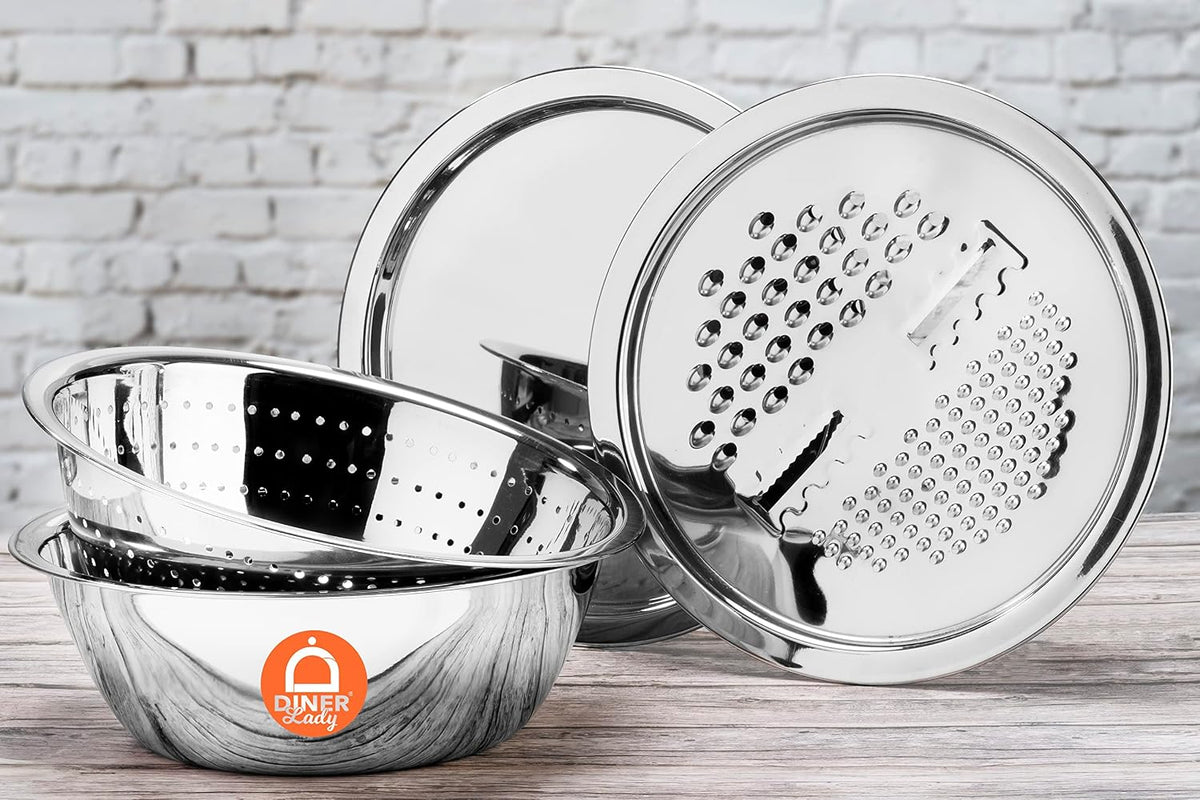 Stainless Steel Java multiutility Set, 4 Pieces for Grating Chopping Straining and Storing, 2000ml Storing Capacity with Twin Slice Blades and Dual Grating Option. The Ultimate PREP Tool.
