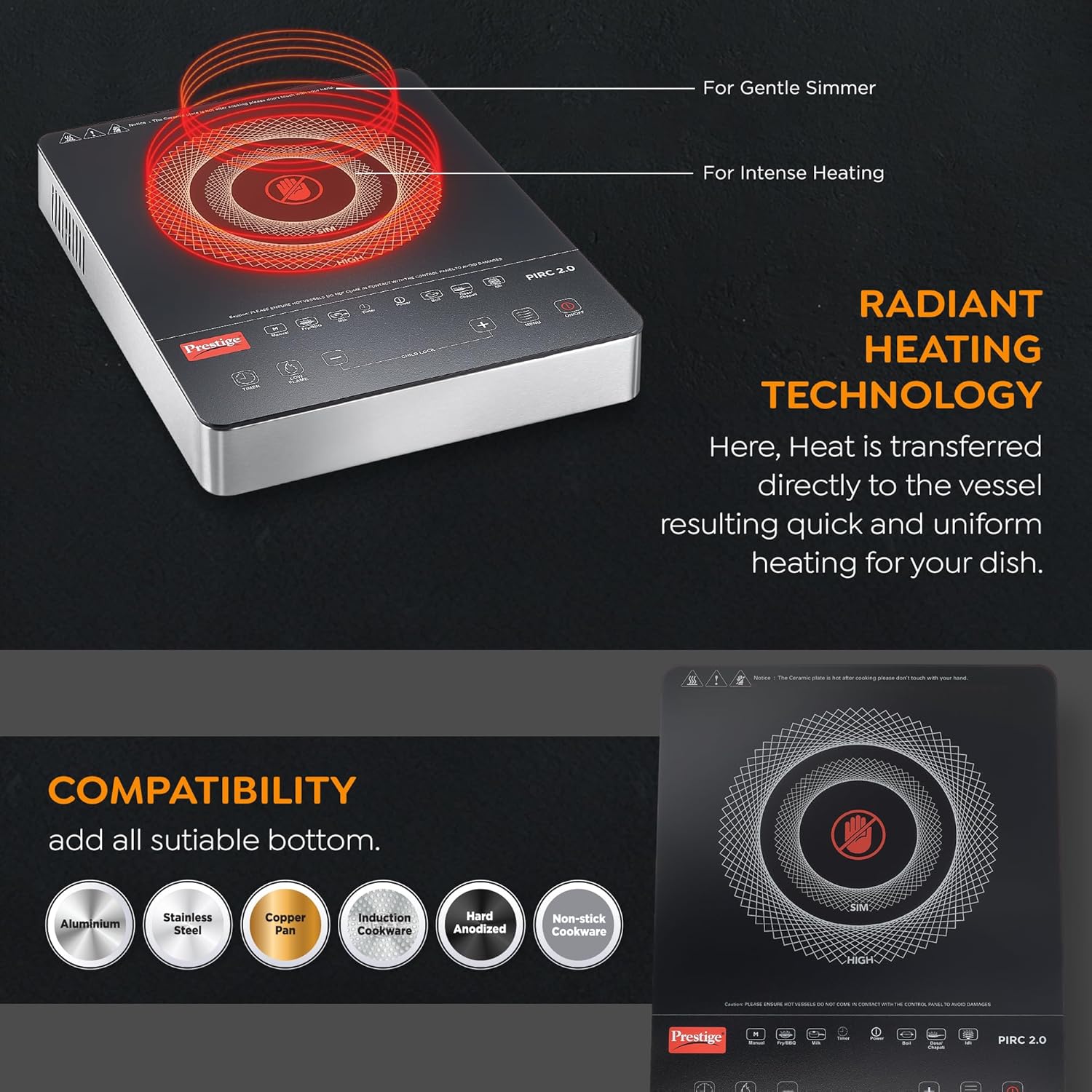 Prestige PIRC 2.0 2000 Watts Infrared Dual Heating Zone Cooktop |High Voltage Surge Protection| Dual Heat Mode| Radiant Heating Technology| Feather Touch Buttons| Stainless Steel Body| Black & Silver