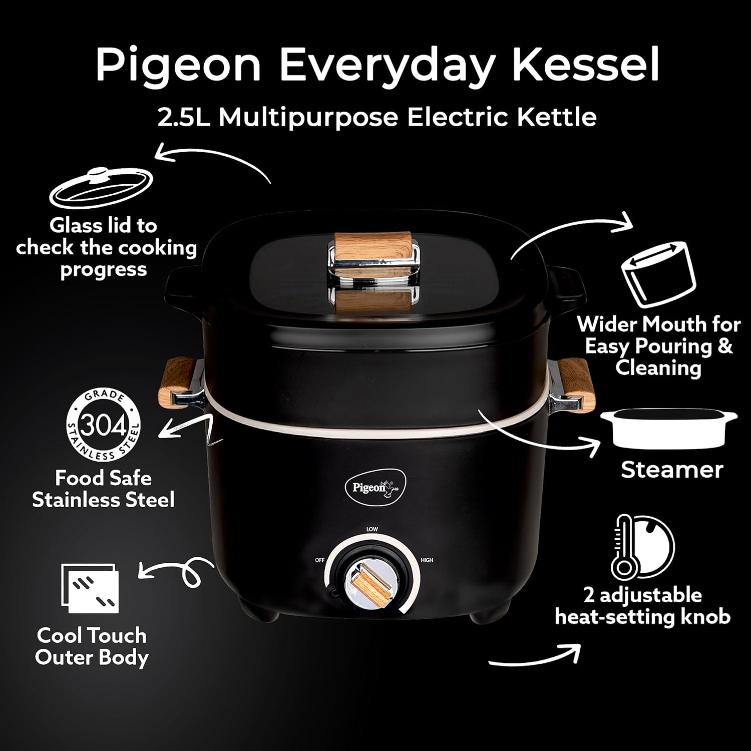 Pigeon Everyday Plus Multi-Cook Electric Kettle,1000 Watts,2.5 Litre, used for Boil, Brew, Cook & Serve All in One (Black)