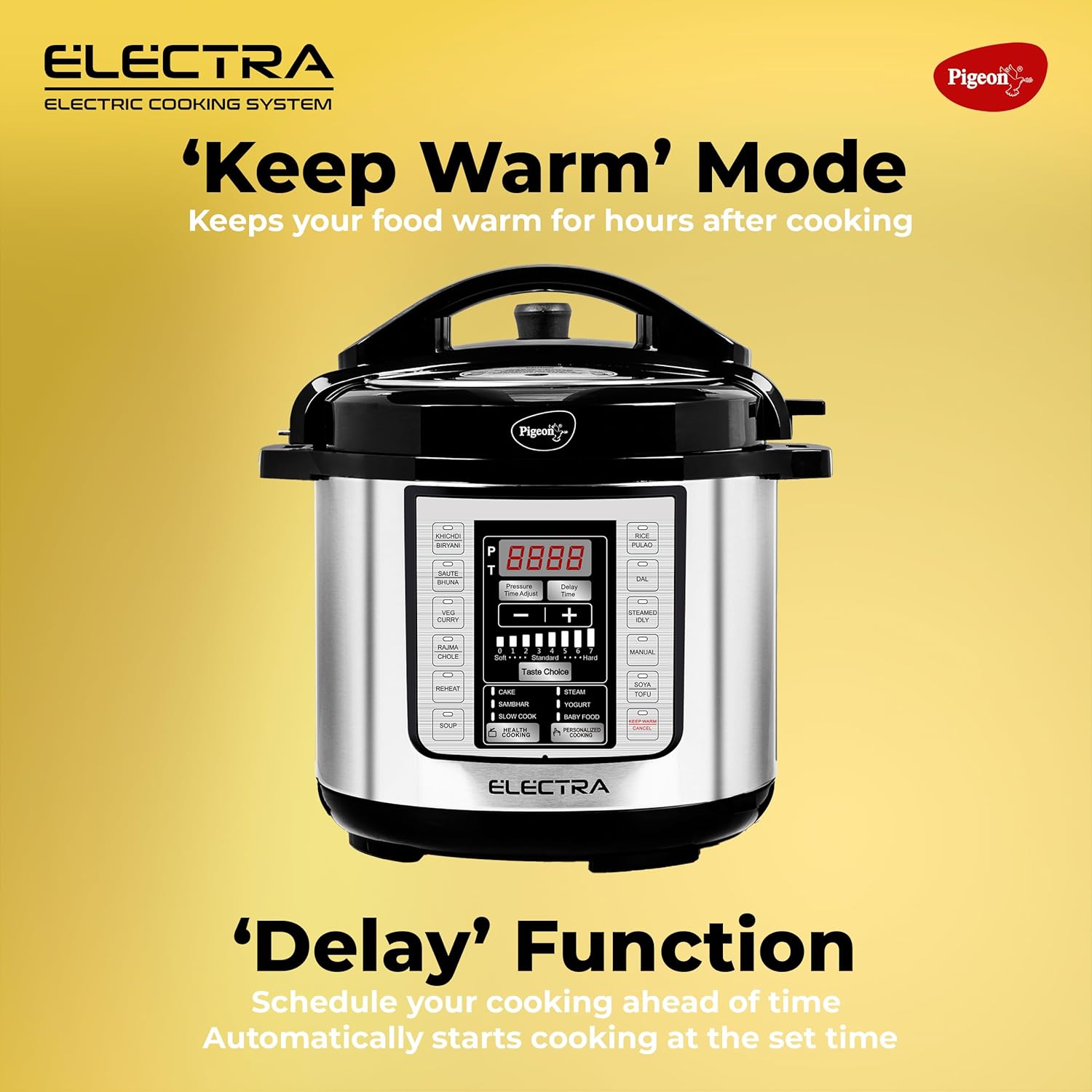 Pigeon Electra Smart Electric Pressure Cooker with Digital Display | 18 Indian Preset Menu | Automatic Rice Cooker | Delay Timer & More (Stainless Steel)