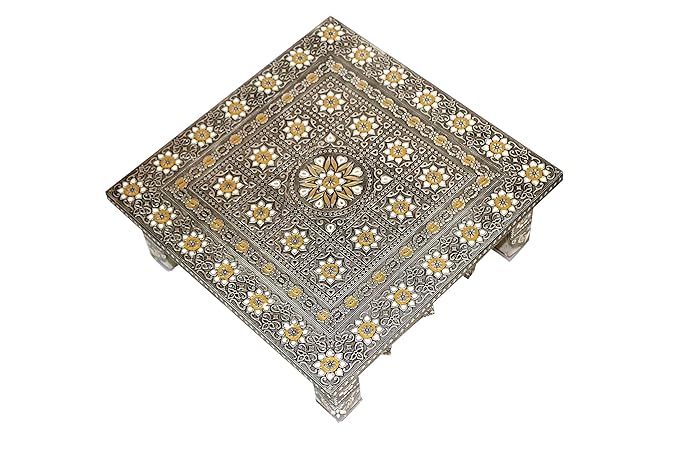 LIME Stainless Steel Oxidised Square Pooja Chowki/Bajot with Embossed Aluminium Art, Pooja Bajoth, Marriage Bajoth, Oxidised Silver